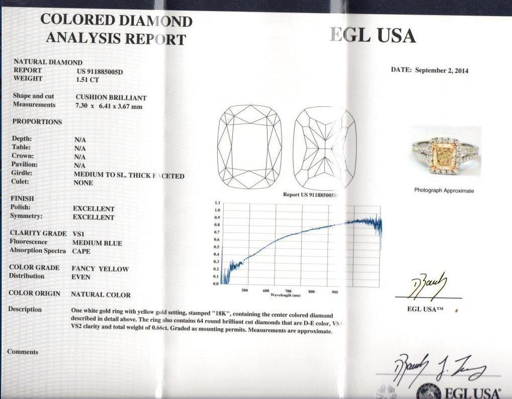 Atemberaubender moderner EGL-zertifizierter gelber Diamant mit Halo-Ring, zweifarbiges 18k Gelb- und Weißgold, geteilter Schaft. Von Alexander Beverly Hills
2,17 Karat Gesamtgewicht der Diamanten.
Diamant mit 1,51 Karat im Strahlenschliff, Farbe