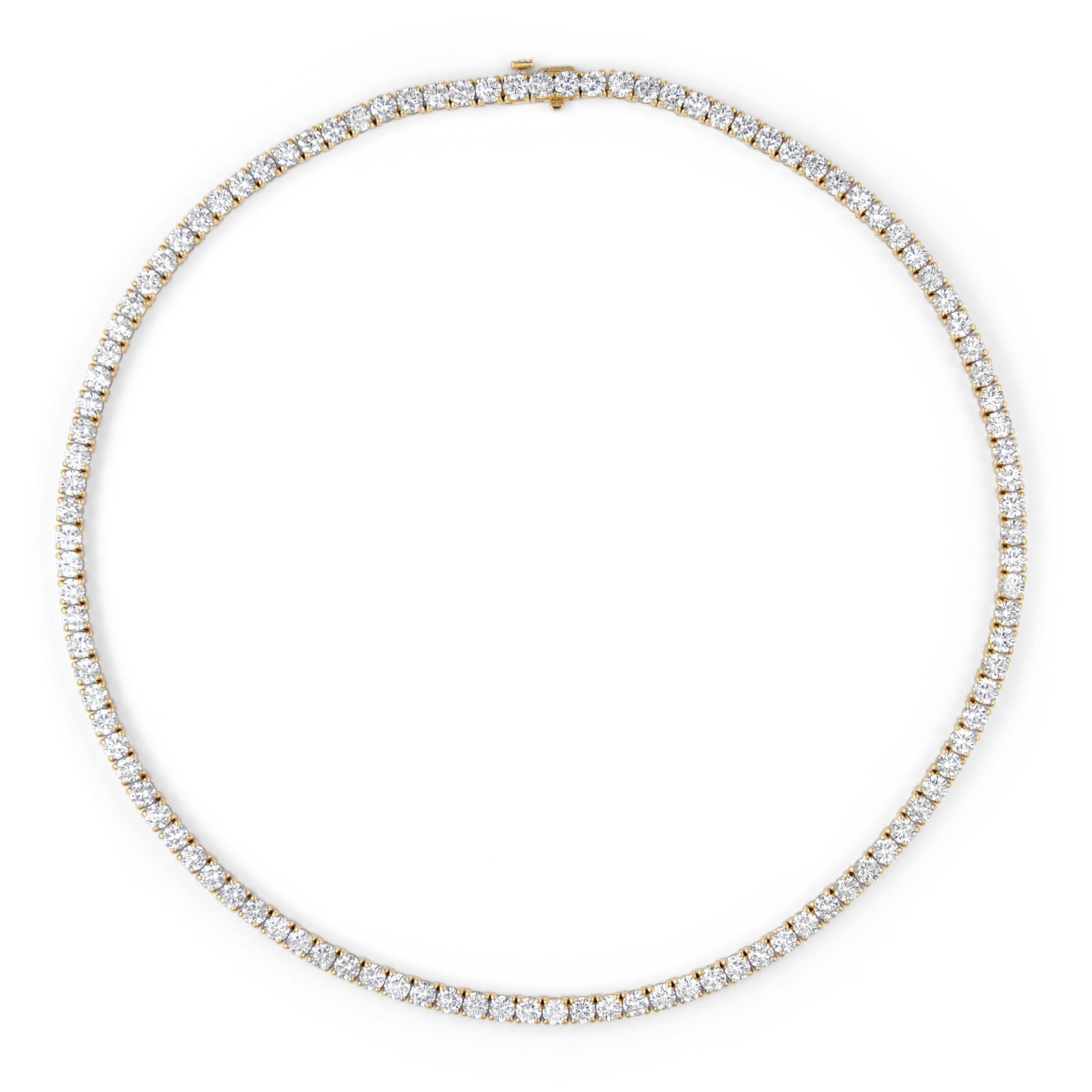 Beautiful and classic natural diamond tennis necklace, by Alexander Beverly Hills.
109 round brilliant diamonds, 20.12 carats. Approximately H/I color and VS clarity. 18k yellow gold, 39.16 grams, 16in.
Accommodated with an up-to-date digital