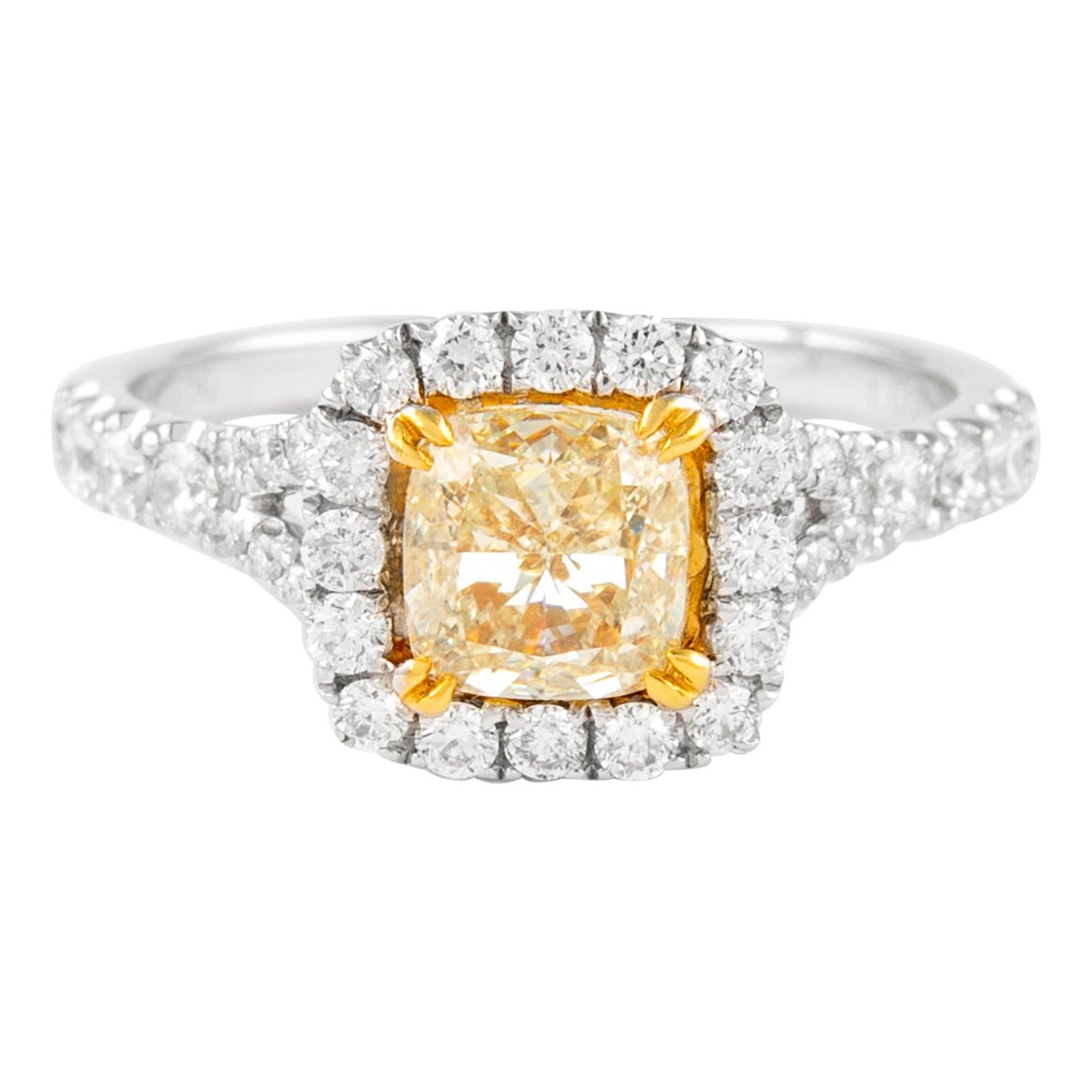 Alexander Beverly Hills 2,13ctt Fancy Yellow Cushion Diamond con anello aureola 18k