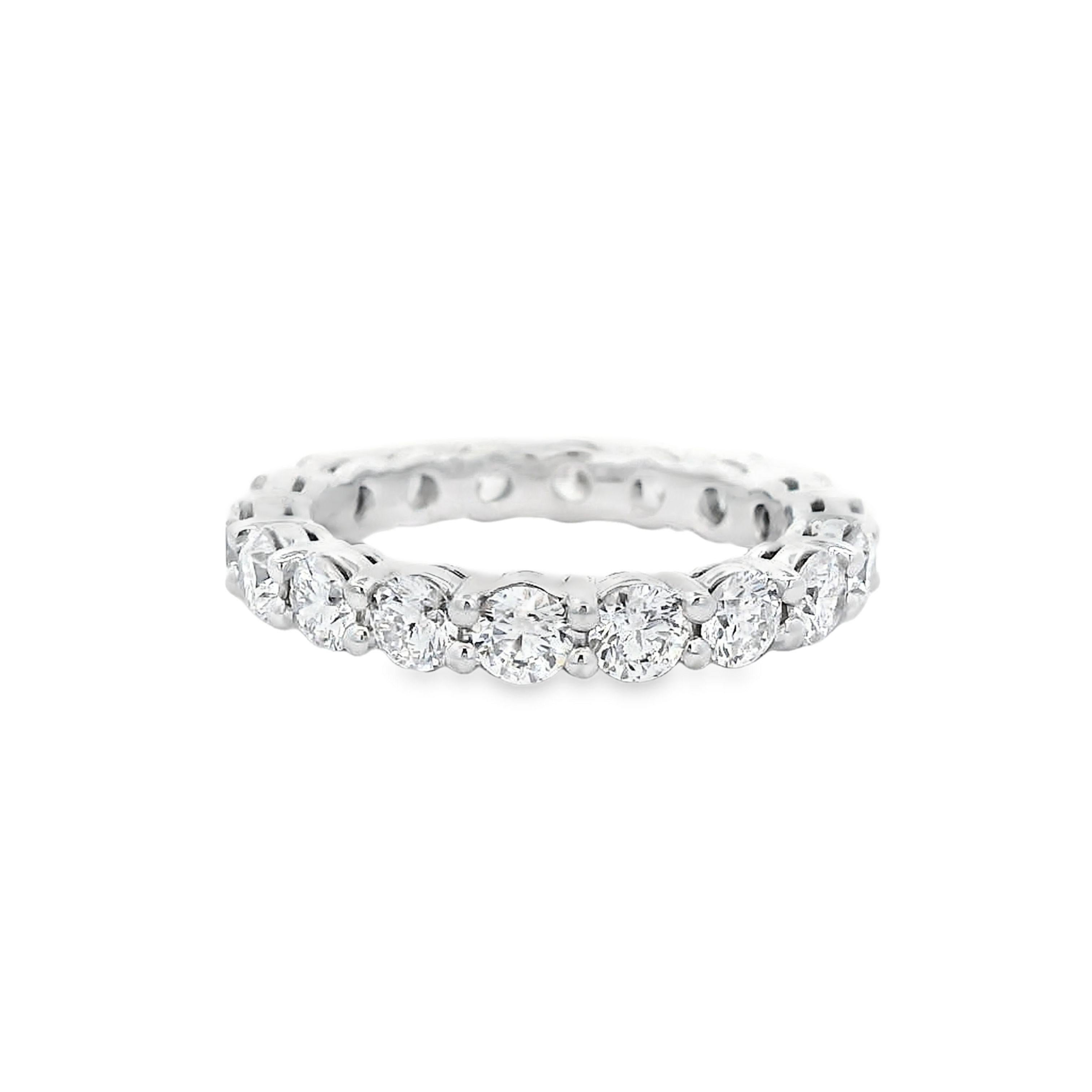 Timeless diamond eternity band. By Alexander Beverly Hills.
18 round brilliant diamonds, 2.17 carats. Approximately D/F color and VVS1-VS1 clarity. Set in platinum, 5.11 grams, size 5.
Accommodated with an up-to-date appraisal by a GIA G.G. once