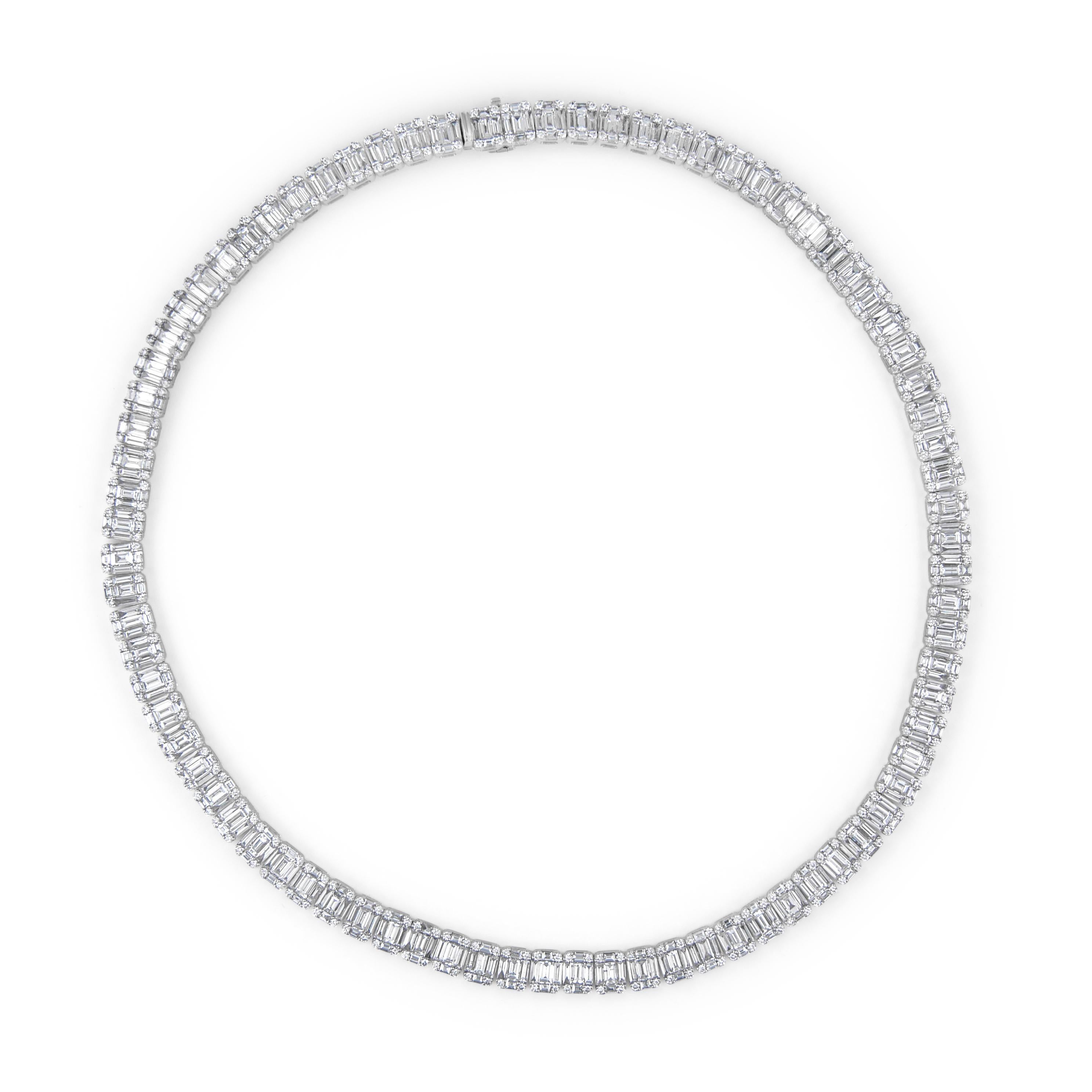 Exquisite natural diamond illusion set tennis necklace, set to look like a emerald cut tennis necklace. High jewelry by Alexander Beverly Hills. 
738 round and baguette diamonds, 22.75 carats. Approximately F/G color and VS2/SI1 clarity. 18-karat