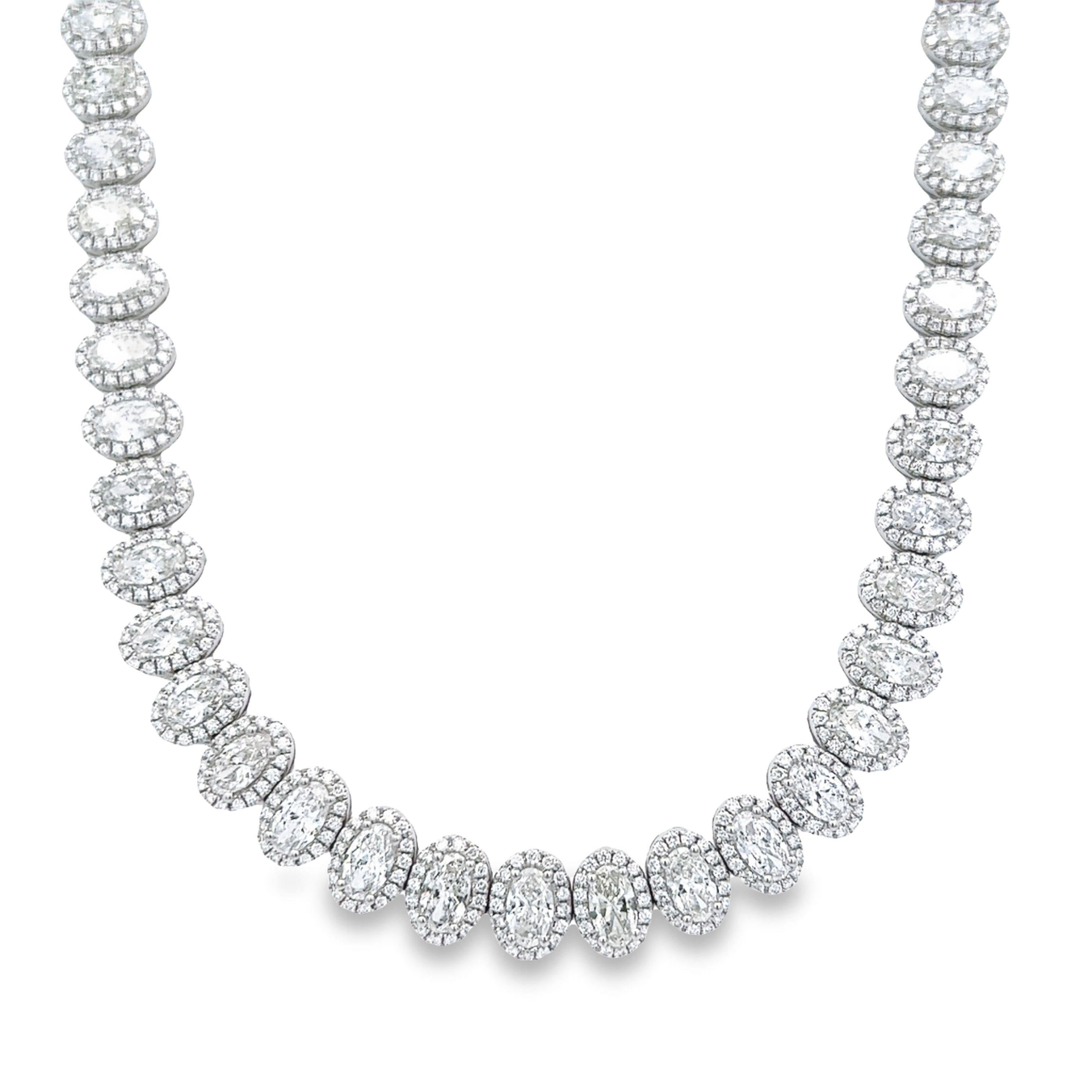 Contemporary Alexander Beverly Hills 24.22ct Oval Diamond Tennis Necklace with Halo 18k For Sale