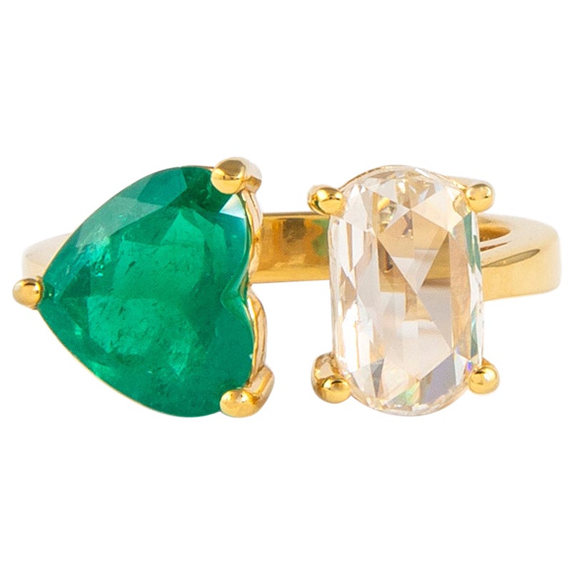 Alexander Beverly Hills 3,11ct Toi Et Moi Anello con smeraldo e diamante taglio rosa 18k in vendita