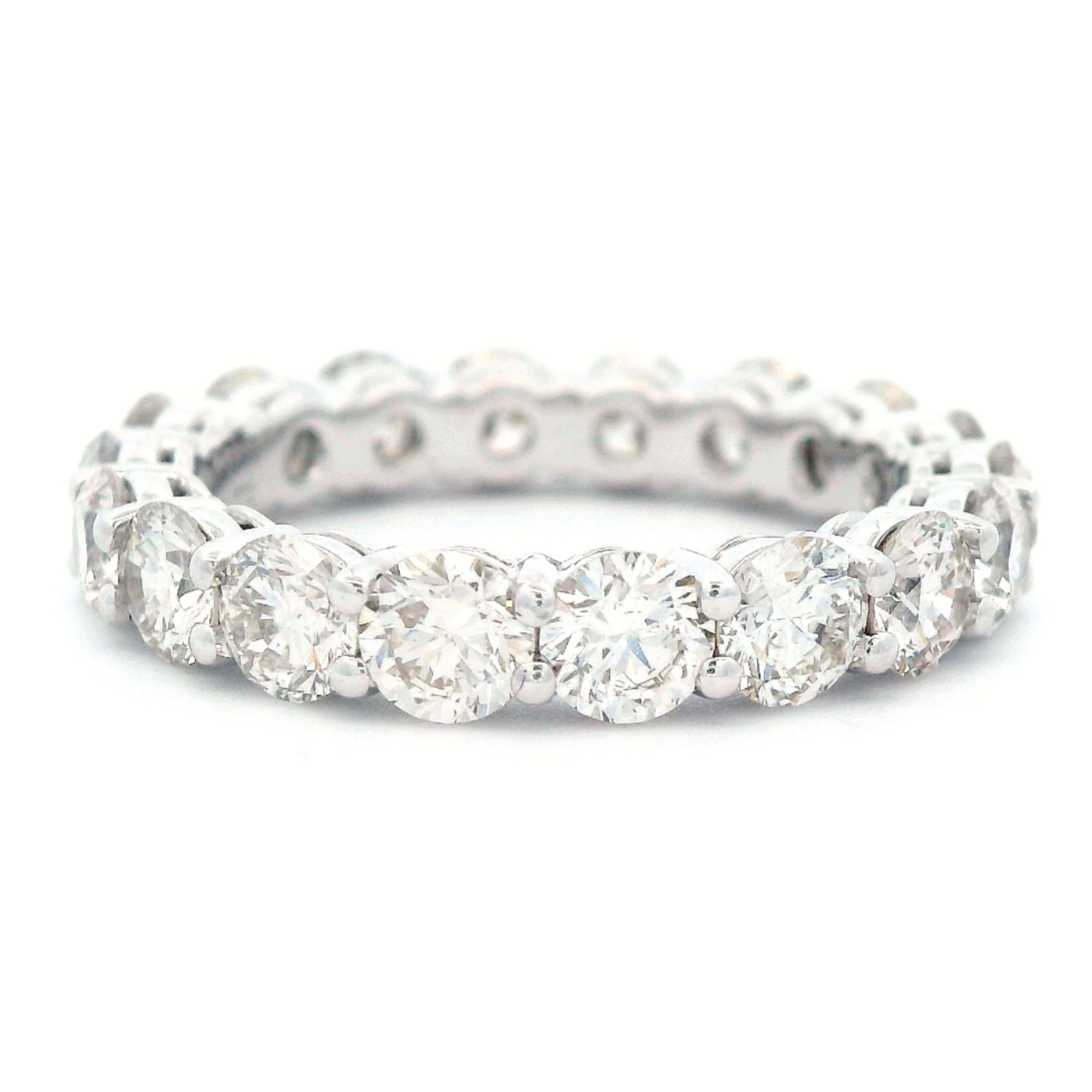 Timeless diamond eternity band. By Alexander Beverly Hills.
18 round brilliant diamonds, 3.52 carats. Approximately G color and VS clarity. Set in 18k white gold, 3.86 grams, size 5.75. 
Accommodated with an up-to-date appraisal by a GIA G.G. once