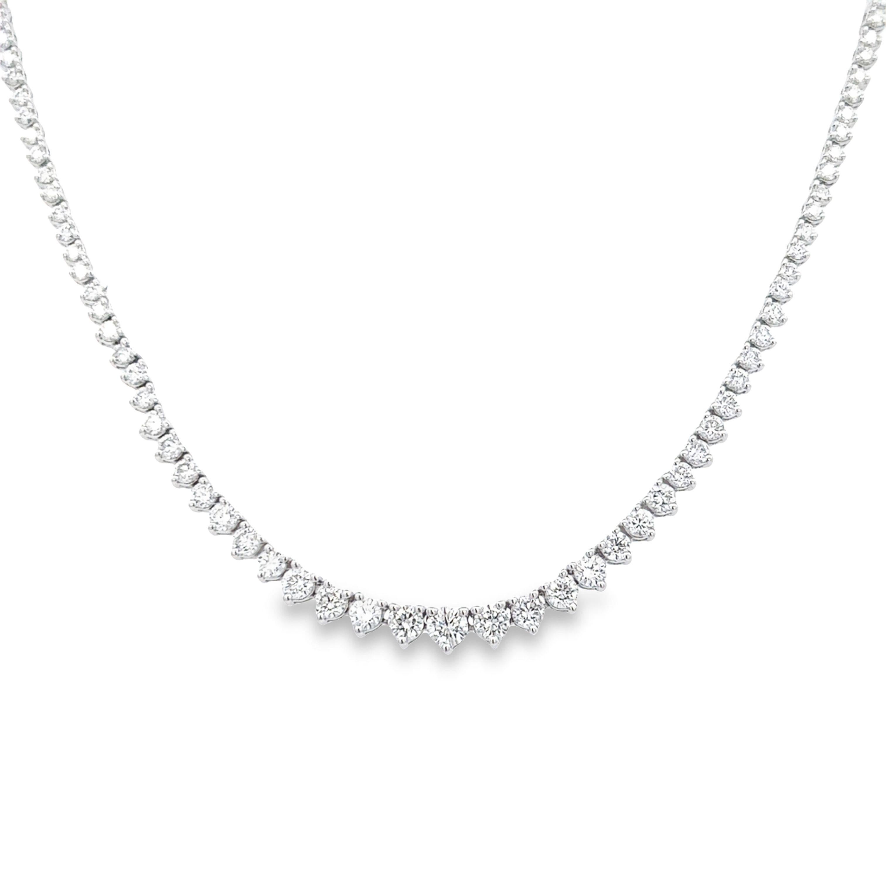 Beautiful and classic diamond tennis riviera necklace, by Alexander Beverly Hills.
217 round brilliant diamonds, 3.60 carats. Approximately F/G color and VS clarity. 14k white gold, three-prong, 11.38 grams, 17n.
Accommodated with an up-to-date