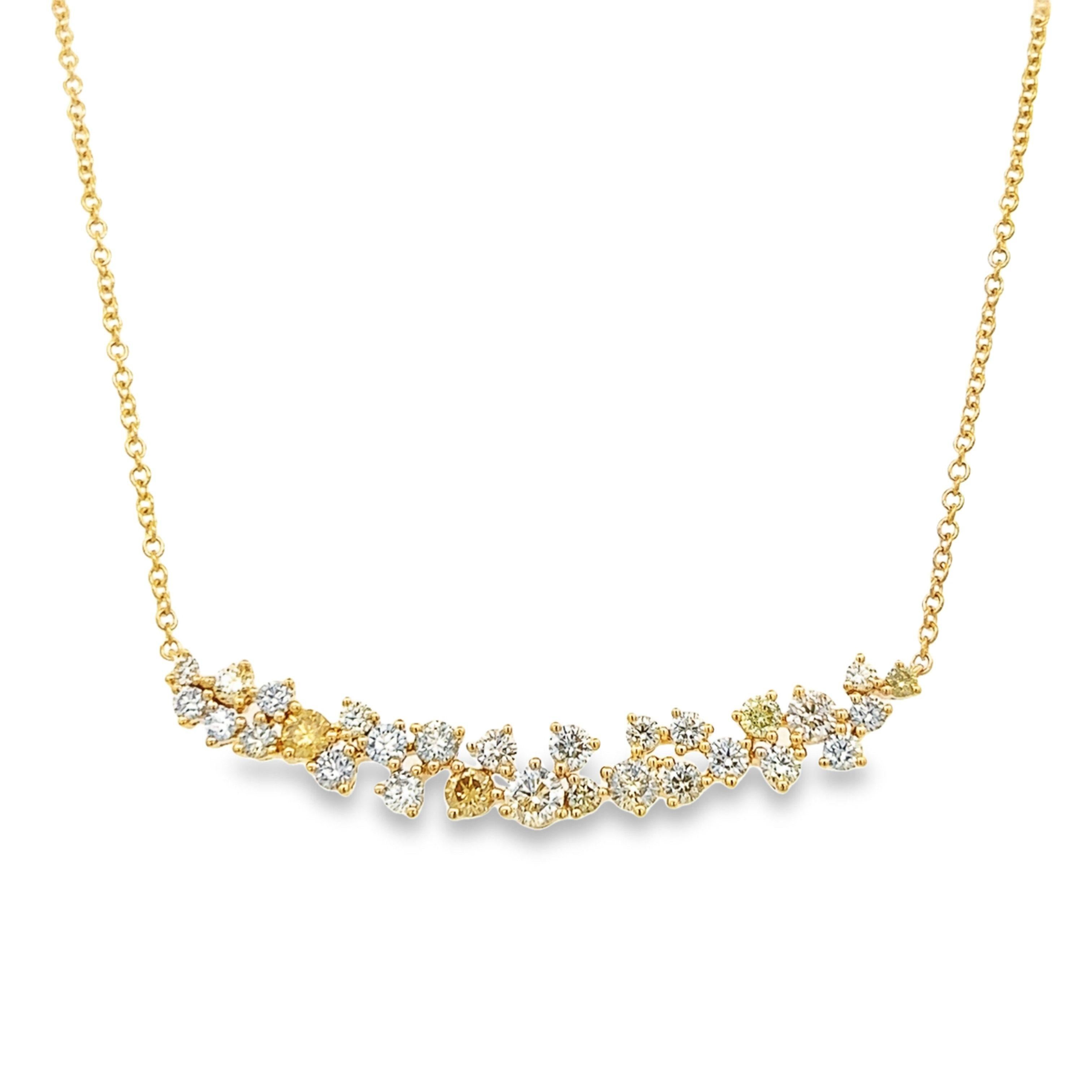 Exquisite multi shade color diamond necklace pendant, by Alexander Beverly Hills.
29 round brilliant diamonds, 3.68 carats. Mixed color diamonds, approximately Light Yellow, I/J and SI clarity. Prong set in 18k yellow gold, 9.45 grams.
Accommodated