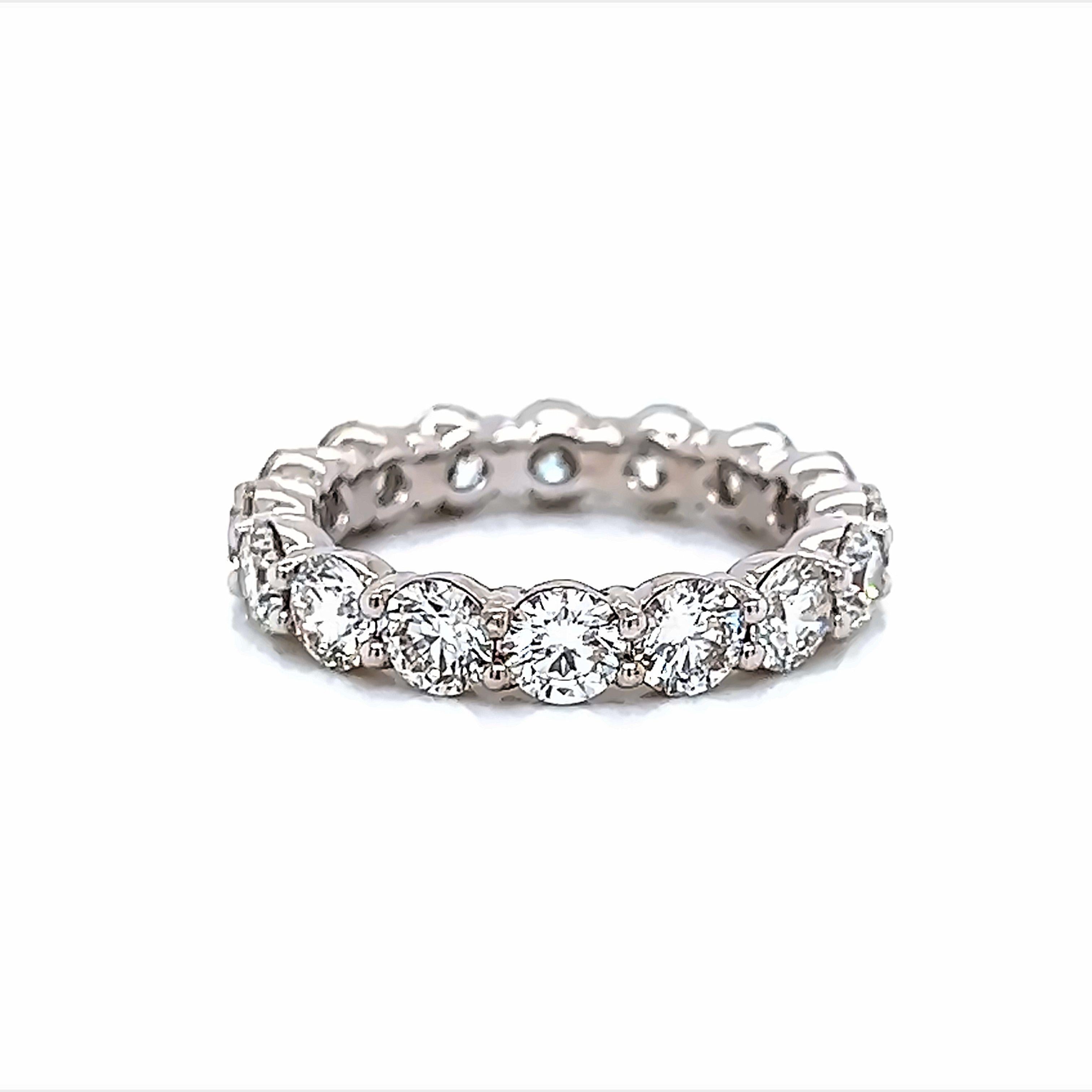 Timeless diamond eternity band. By Alexander Beverly Hills.
16 round brilliant diamonds, 3.70 carats. Approximately G/H color and VS clarity. Set in 18k white gold, 4.71 grams, size 6.25.
Accommodated with an up-to-date appraisal by a GIA G.G. once