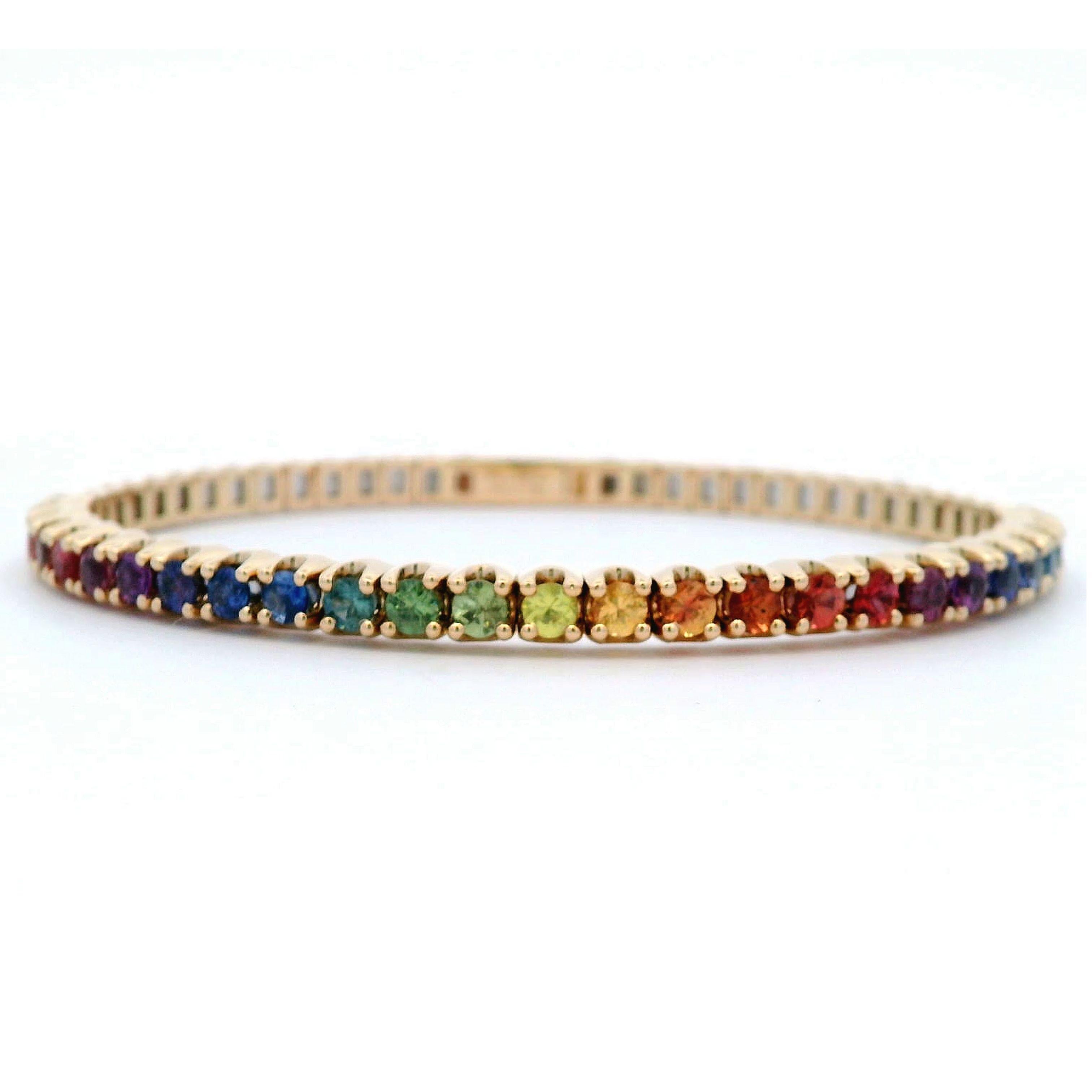 Round Cut Alexander Beverly Hills 3.72ct Rainbow Sapphire Tennis Flex Bracelet Yellow Gold For Sale