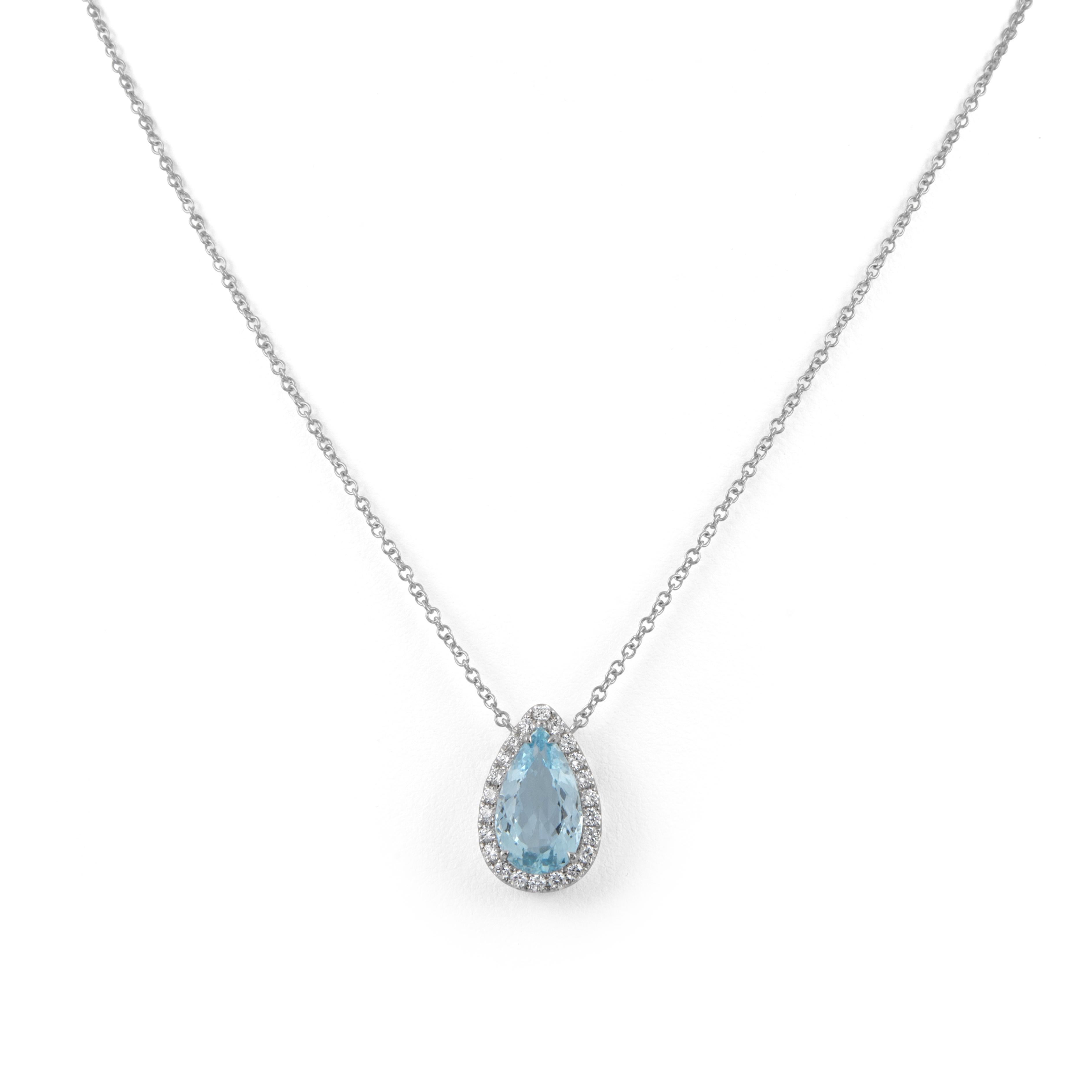 Lovely aquamarine and diamond pendant necklace, by Alexander Beverly Hills.
4.45 carats total gemstone weight.
3.96 carat pear aquamarine beryl. 22 round brilliant diamonds, 0.49 carats. Approximately F color and VS2 clarity. 18-karat white gold,