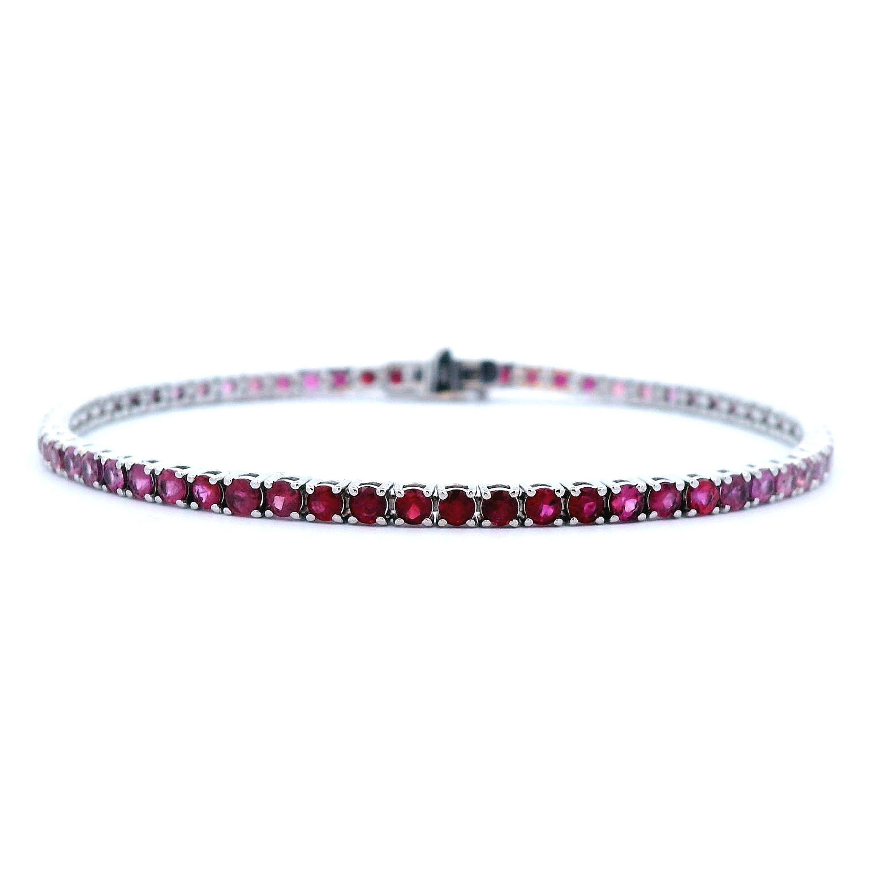 Modern Alexander Beverly Hills 4.72ct Blended Ruby & Pink Sapphire Tennis Bracelet 18k For Sale