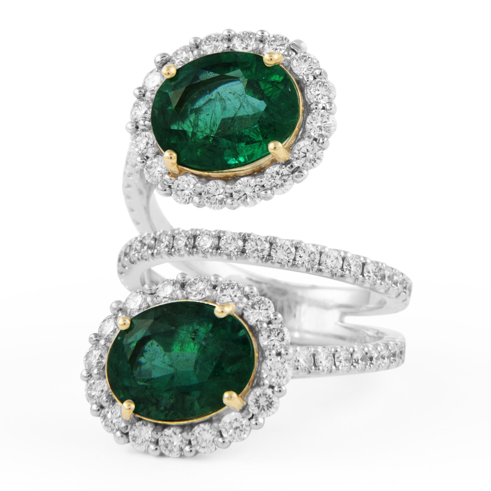 Contemporary Alexander Beverly Hills 4.79ct Emerald & Diamond Bypass Ring 18k White Gold For Sale