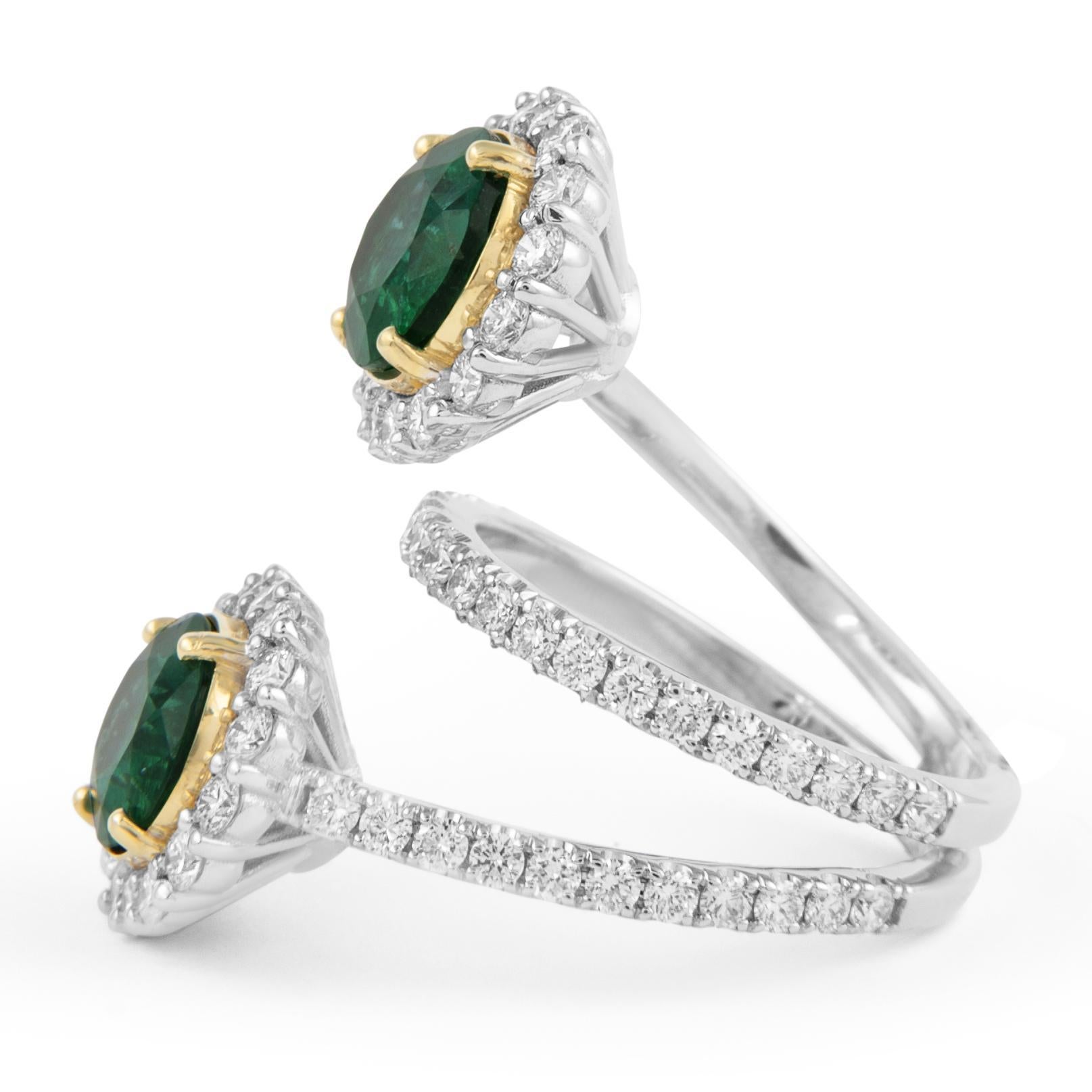 Oval Cut Alexander Beverly Hills 4.79ct Emerald & Diamond Bypass Ring 18k White Gold For Sale