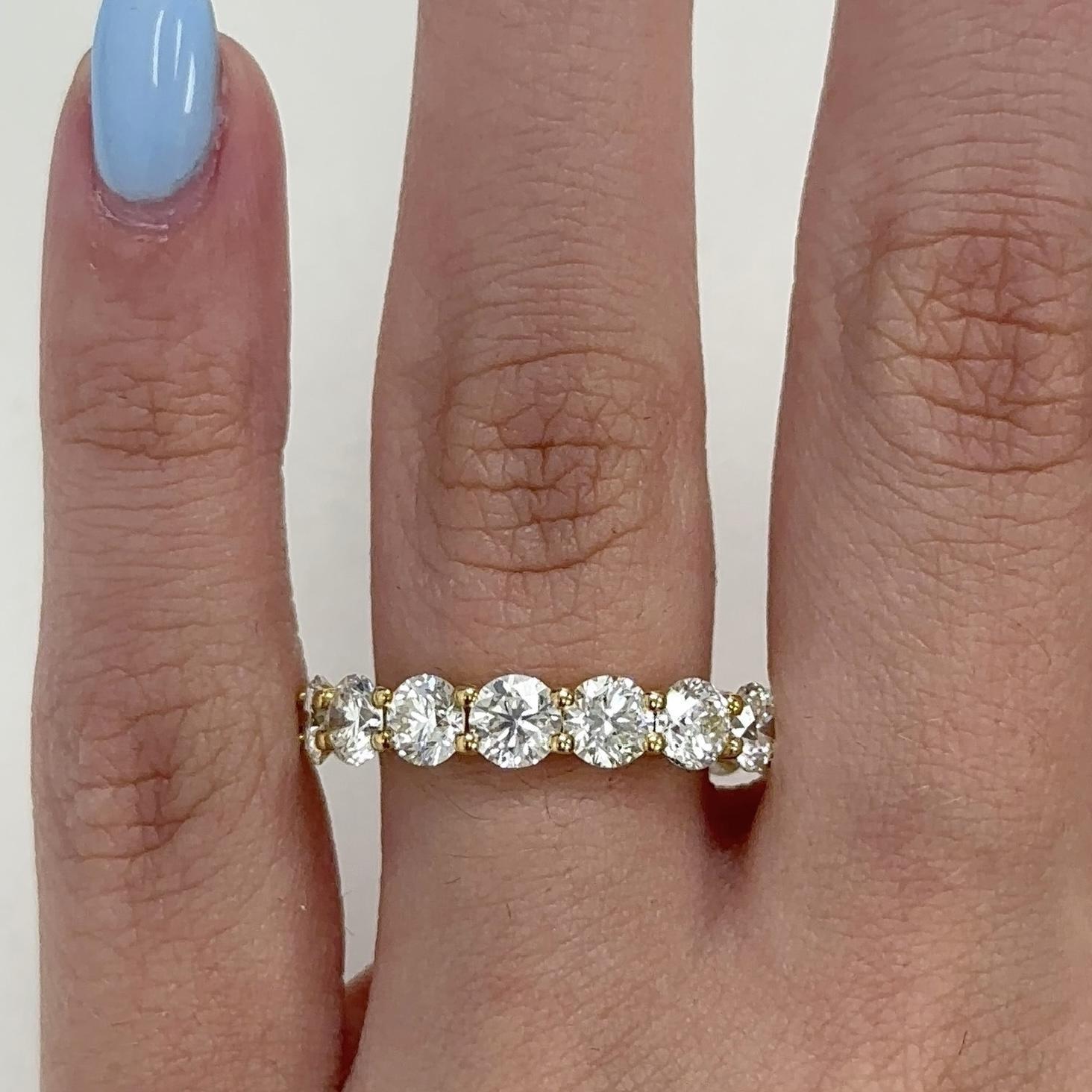 Timeless diamond eternity band. By Alexander Beverly Hills.
16 round brilliant diamonds, 4.93 carats. Approximately H/I color and VS clarity. Set in 18k yellow gold, 3.42 grams, size 5.5. 
Accommodated with an up-to-date appraisal by a GIA G.G. once