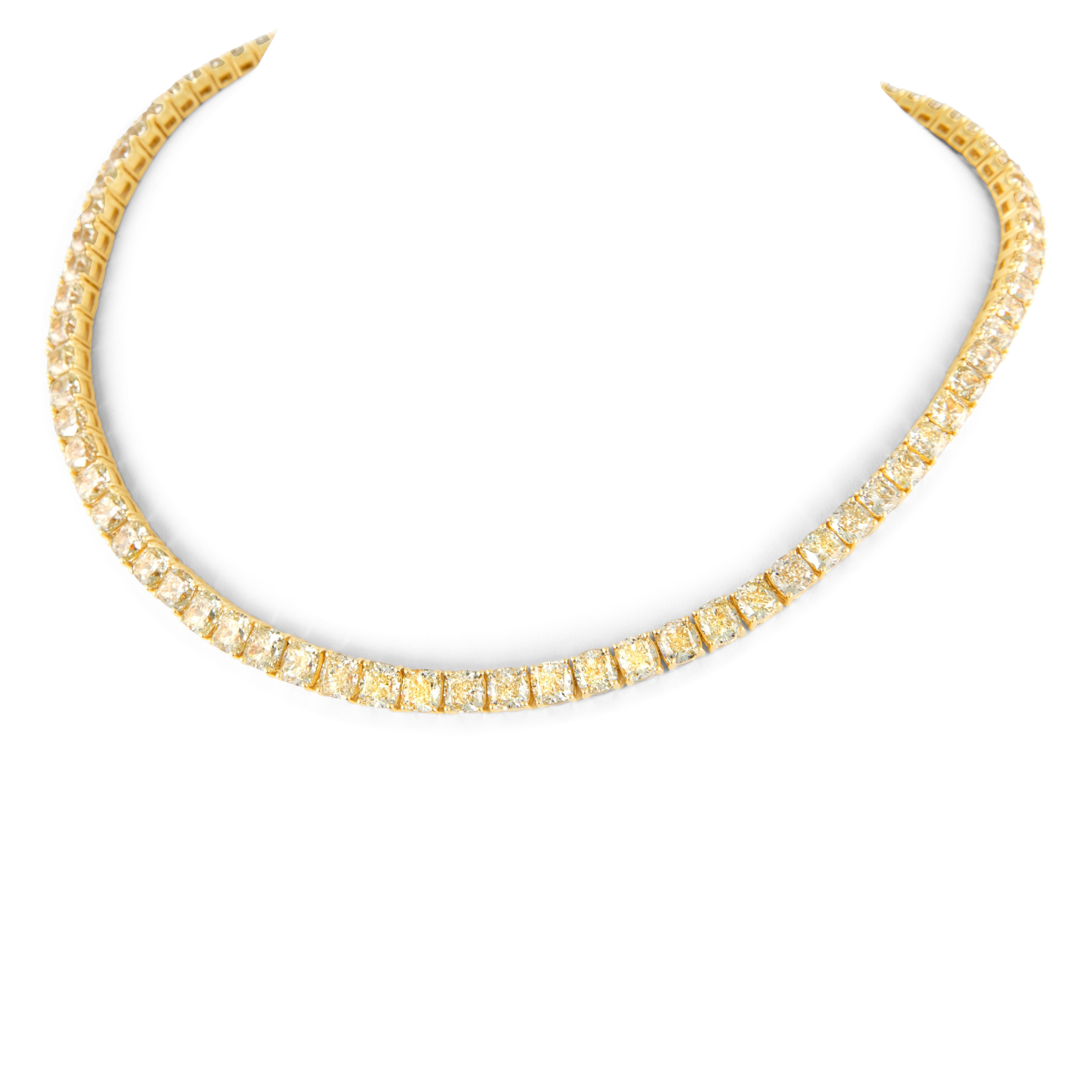 Taglio cuscino Alexander Beverly Hills - Collana Tennis con diamanti gialli da 50,65 carati in oro giallo 18 carati in vendita
