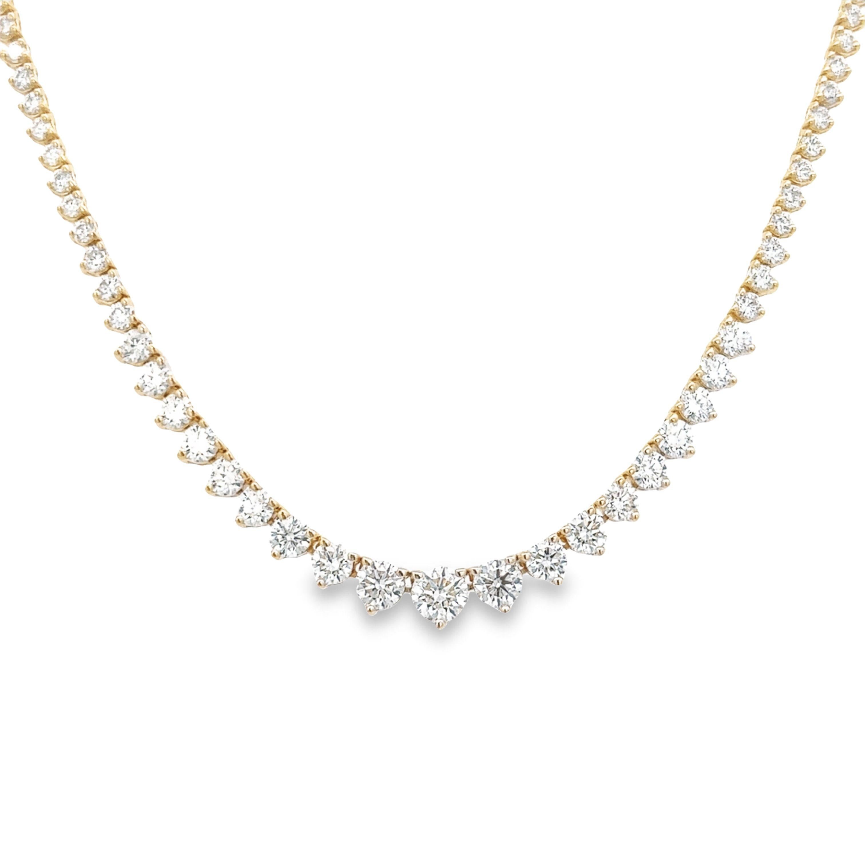 Beautiful and classic diamond tennis riviera necklace, by Alexander Beverly Hills.
5.20 carats of round brilliant diamonds, approximately G-I color and VVS2/VS1 clarity. 14k yellow gold, 11.79 grams, 17in.
Accommodated with an up-to-date digital