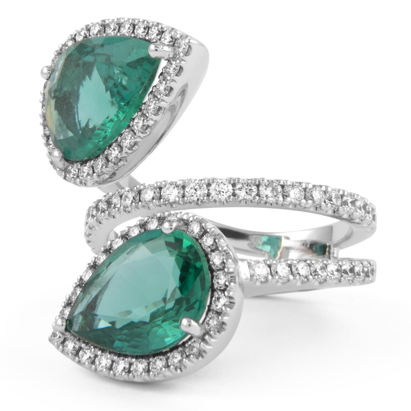 Contemporary Alexander Beverly Hills 5.21ct Emerald & Diamond Bypass Ring 18k White Gold For Sale