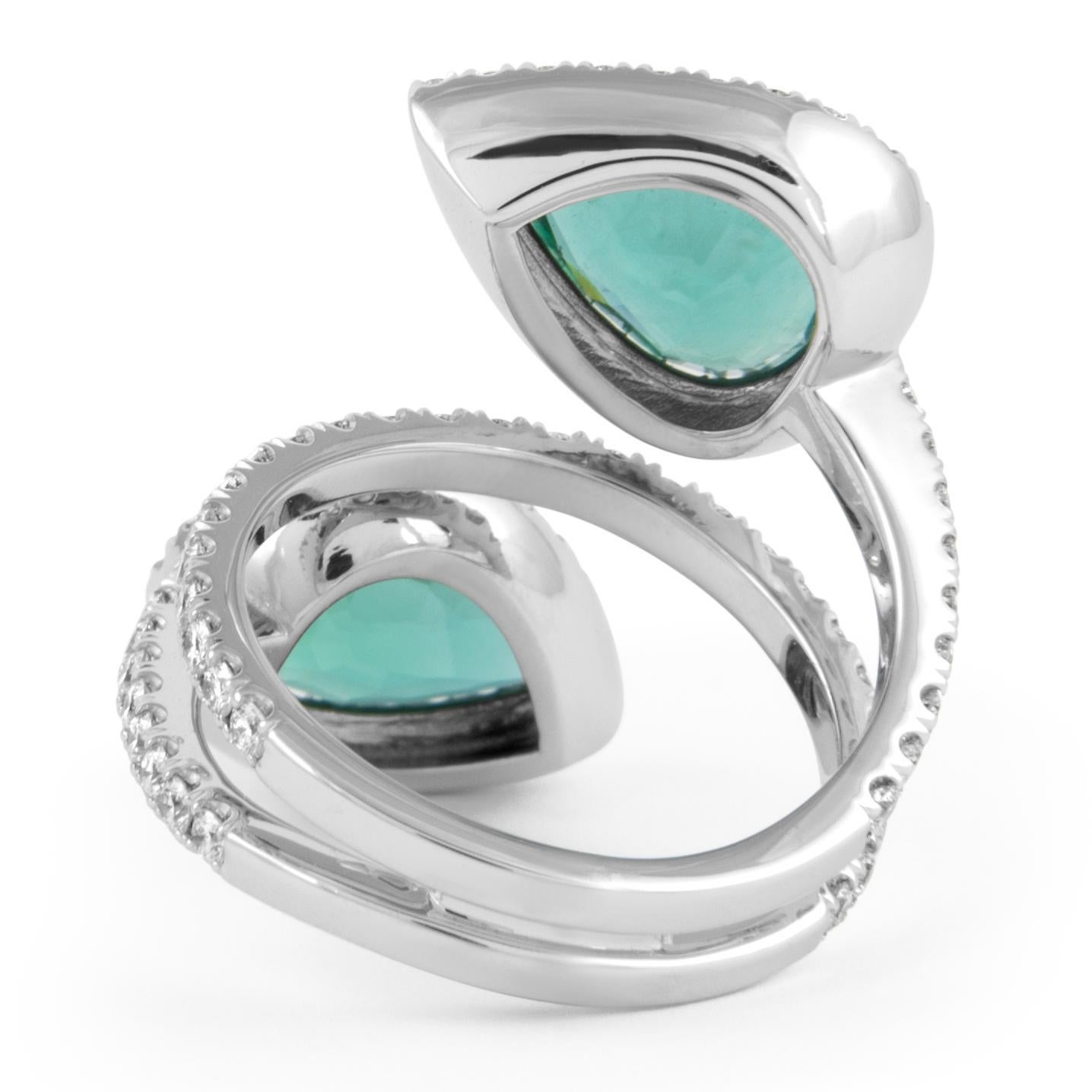 Pear Cut Alexander Beverly Hills 5.21ct Emerald & Diamond Bypass Ring 18k White Gold For Sale