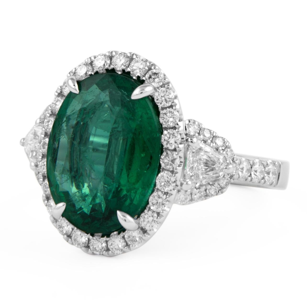 Oval Cut Alexander Beverly Hills GIA 5.30ct Emerald & Diamond 3-Stone Ring 18k White Gold For Sale
