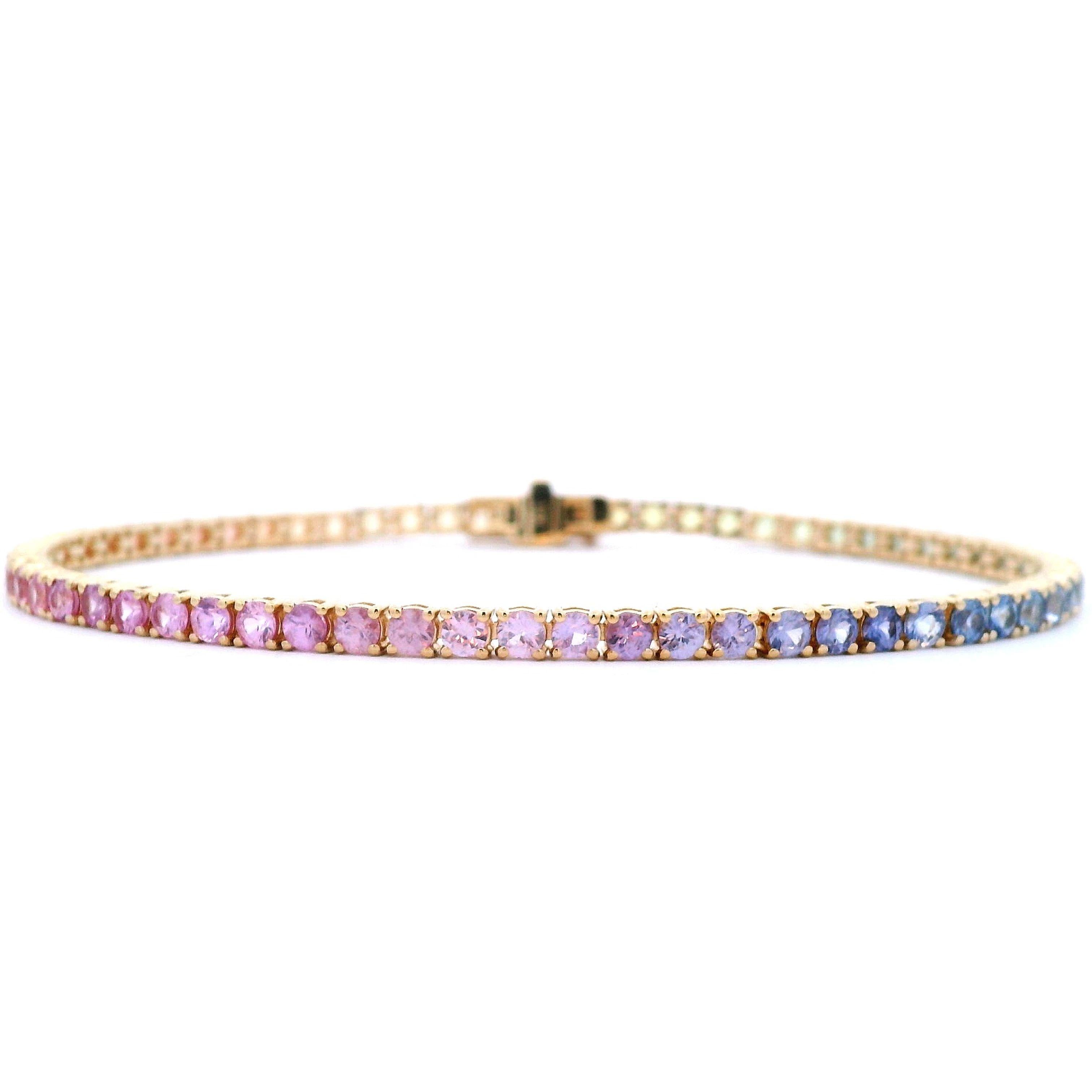Modern Alexander Beverly Hills 5.31ct Pastel Rainbow Sapphire Tennis Bracelet 18k Gold For Sale