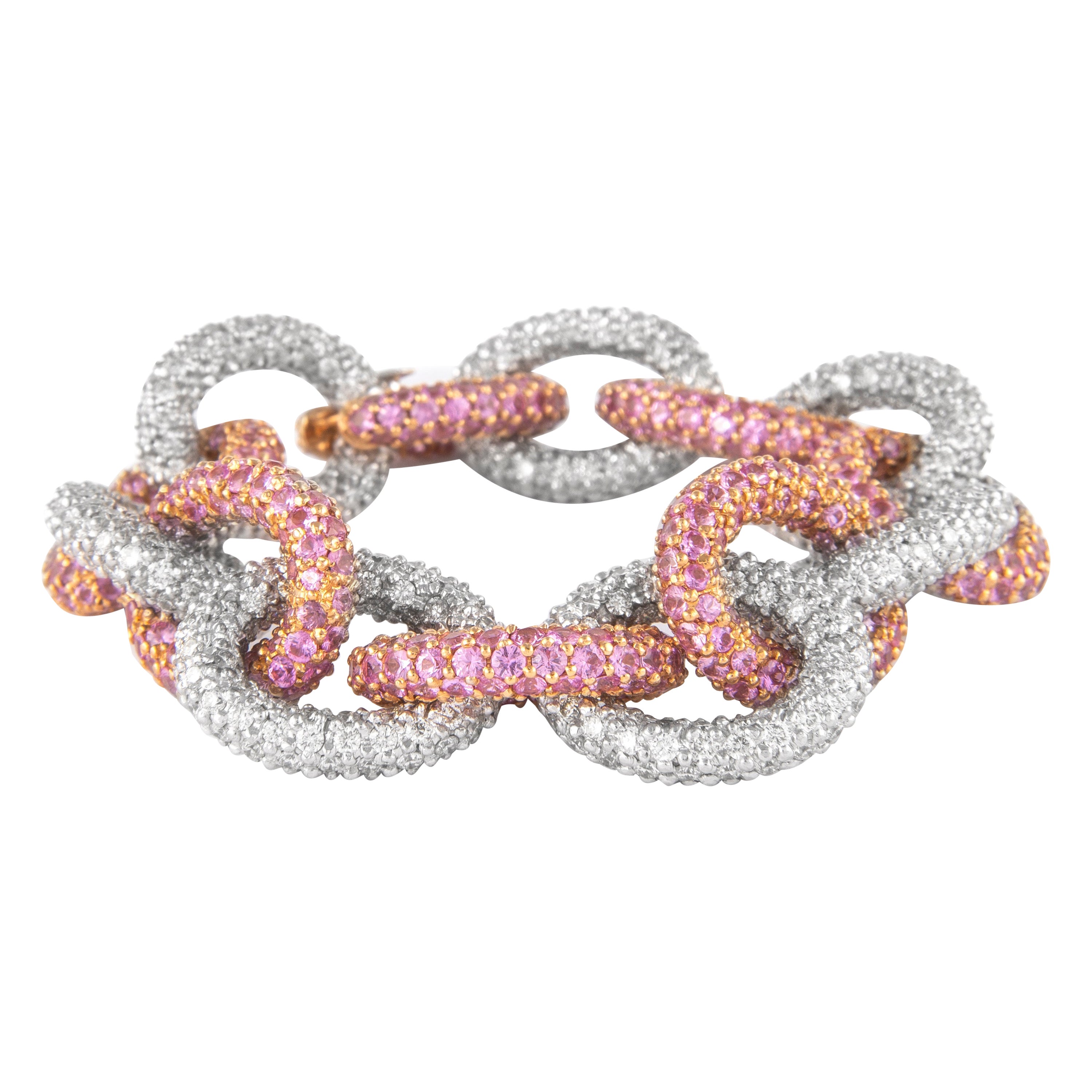 Alexander Beverly Hills Bracelet de 53,30ct Diamond & Pink Sapphire Chain Pave 18k en vente