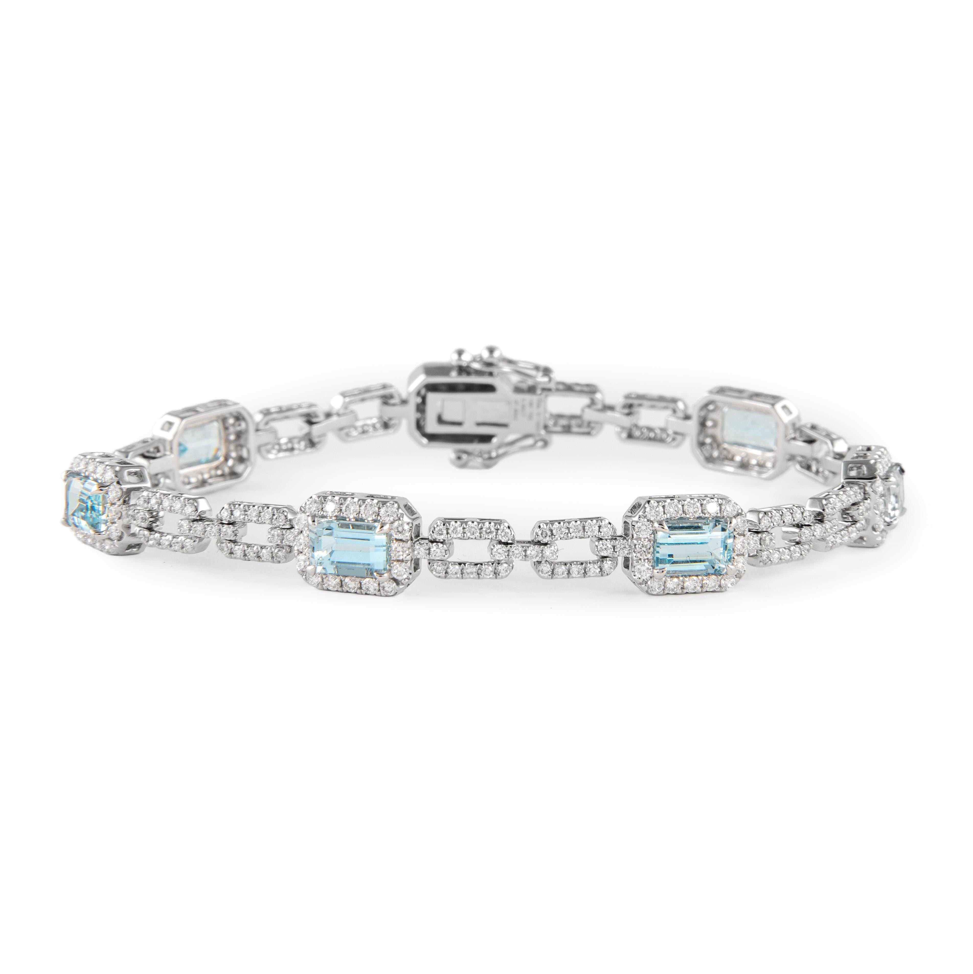 Emerald Cut Alexander Beverly Hills 5.71 Carat Aquamarine & Diamond Bracelet 18k White Gold For Sale