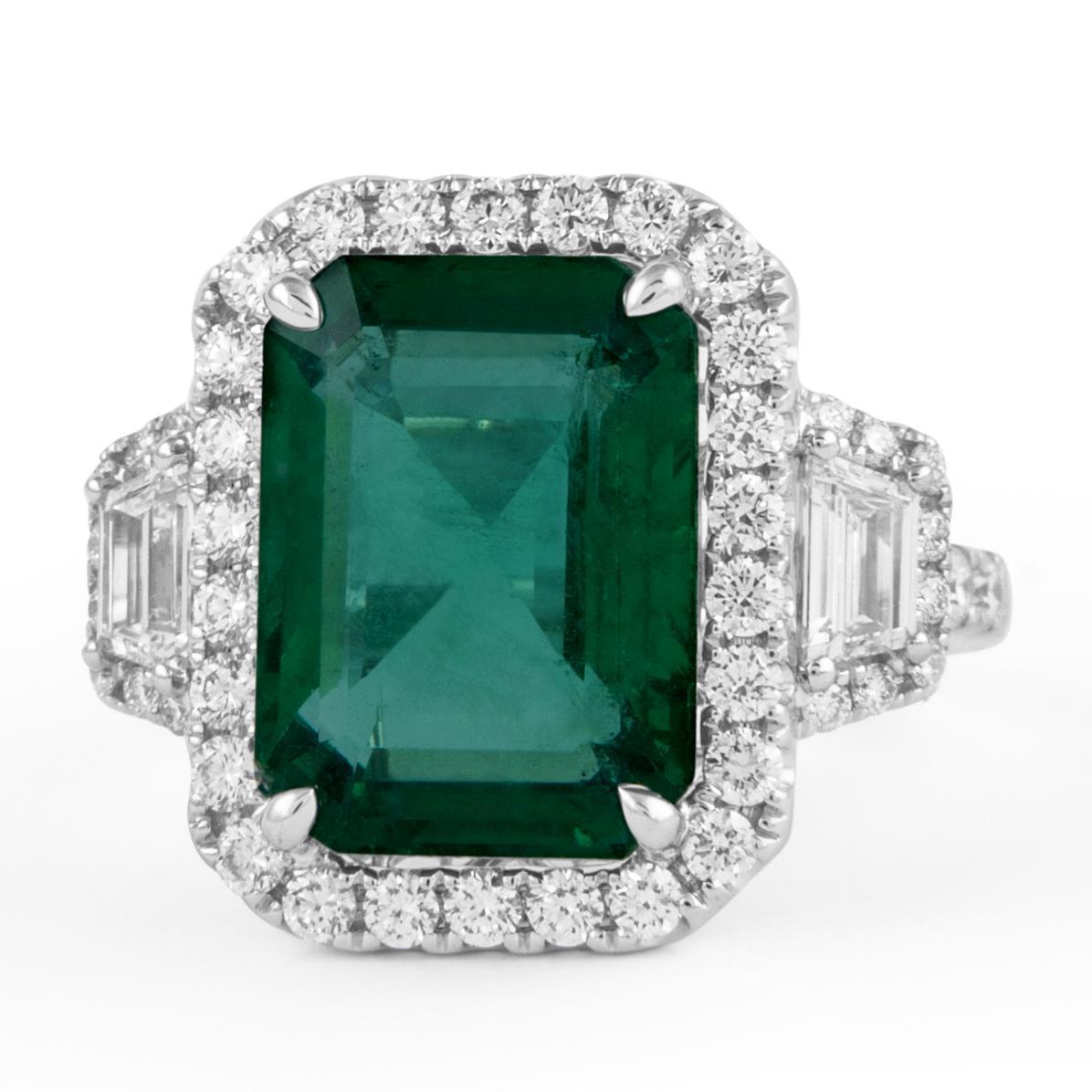 Emerald Cut Alexander Beverly Hills GIA 6.09ct Emerald & Diamond 3-Stone Ring 18k White Gold For Sale