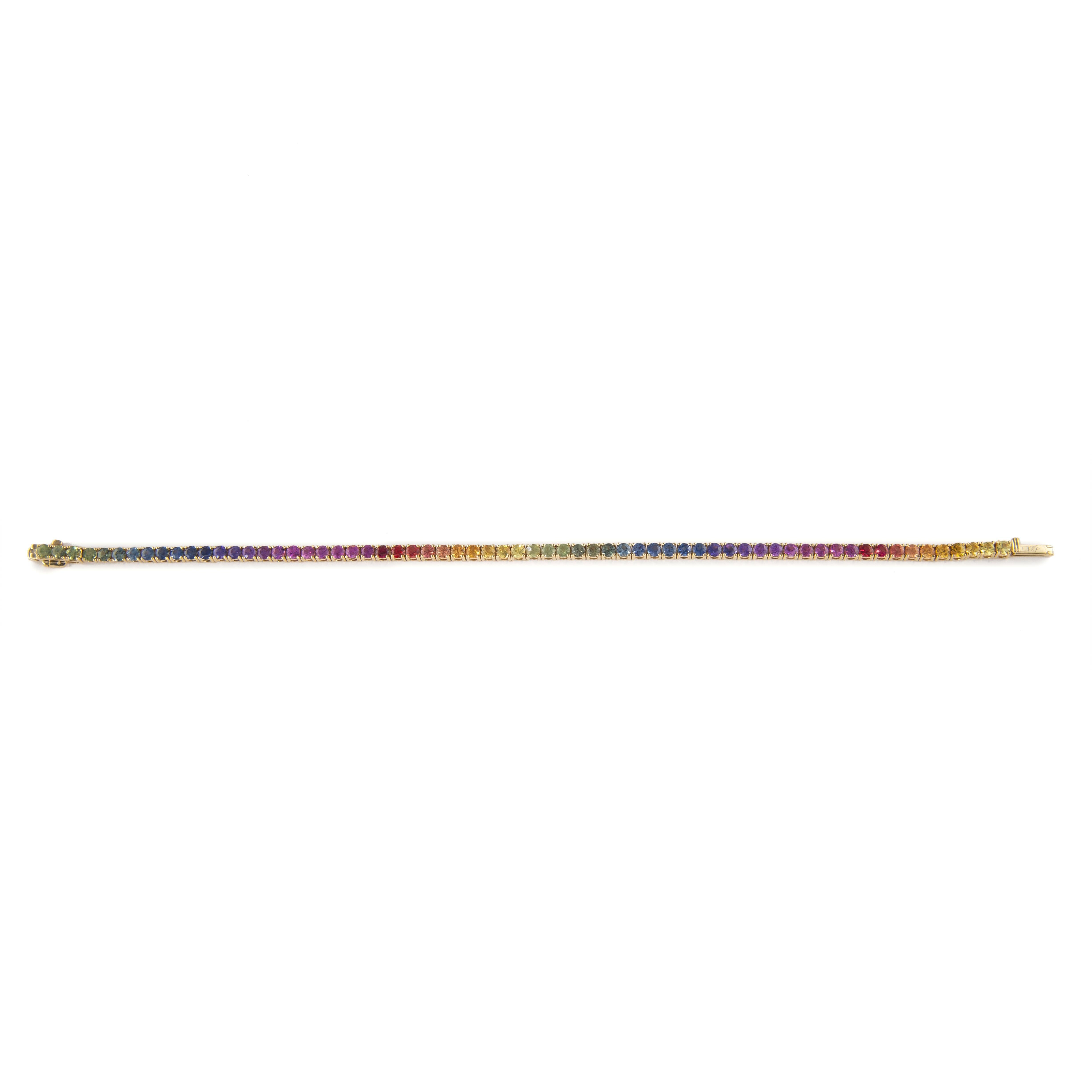 Contemporary Alexander Beverly Hills 6.21ct Rainbow Sapphire Tennis Bracelet 18k Yellow Gold For Sale