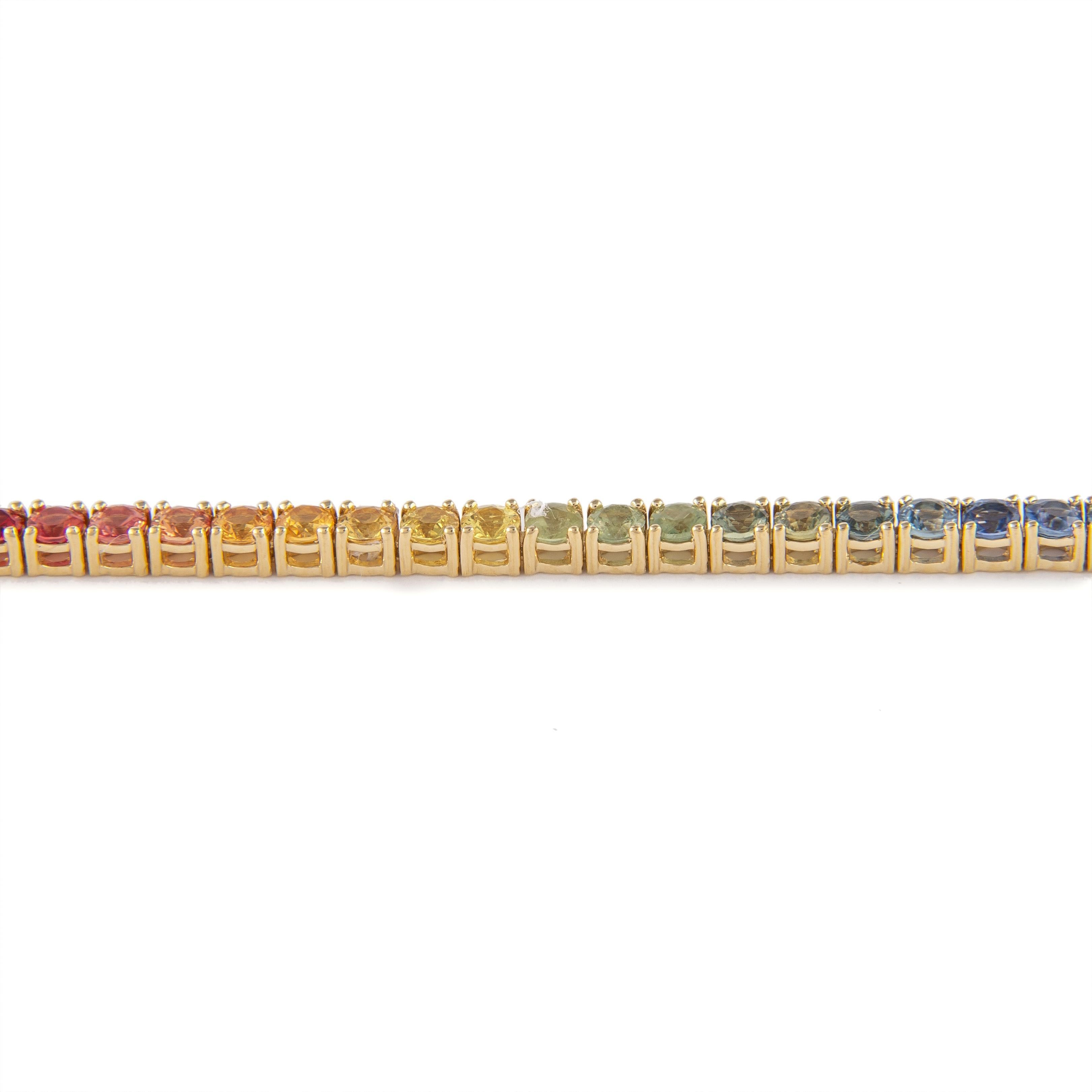Round Cut Alexander Beverly Hills 6.21ct Rainbow Sapphire Tennis Bracelet 18k Yellow Gold For Sale