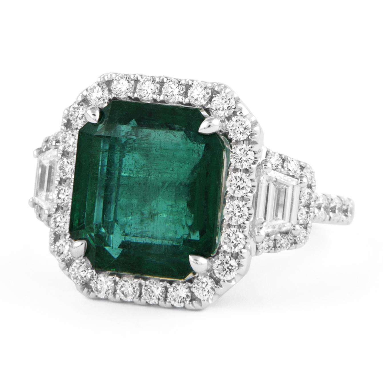 Emerald Cut Alexander Beverly Hills GIA 7.57ct Emerald & Diamond 3-Stone Ring 18k White Gold For Sale