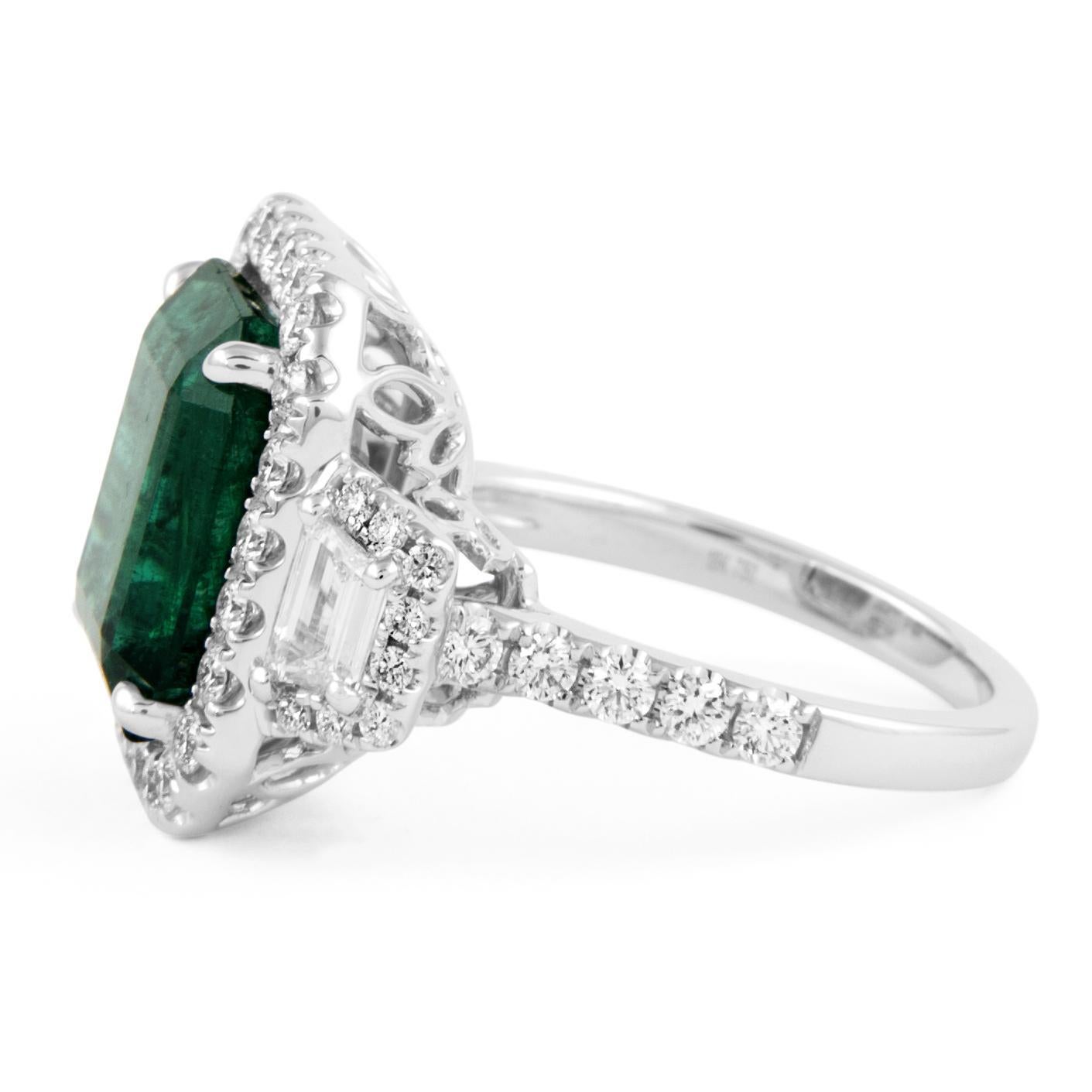 Alexander Beverly Hills GIA 7.57ct Emerald & Diamond 3-Stone Ring 18k White Gold In New Condition For Sale In BEVERLY HILLS, CA