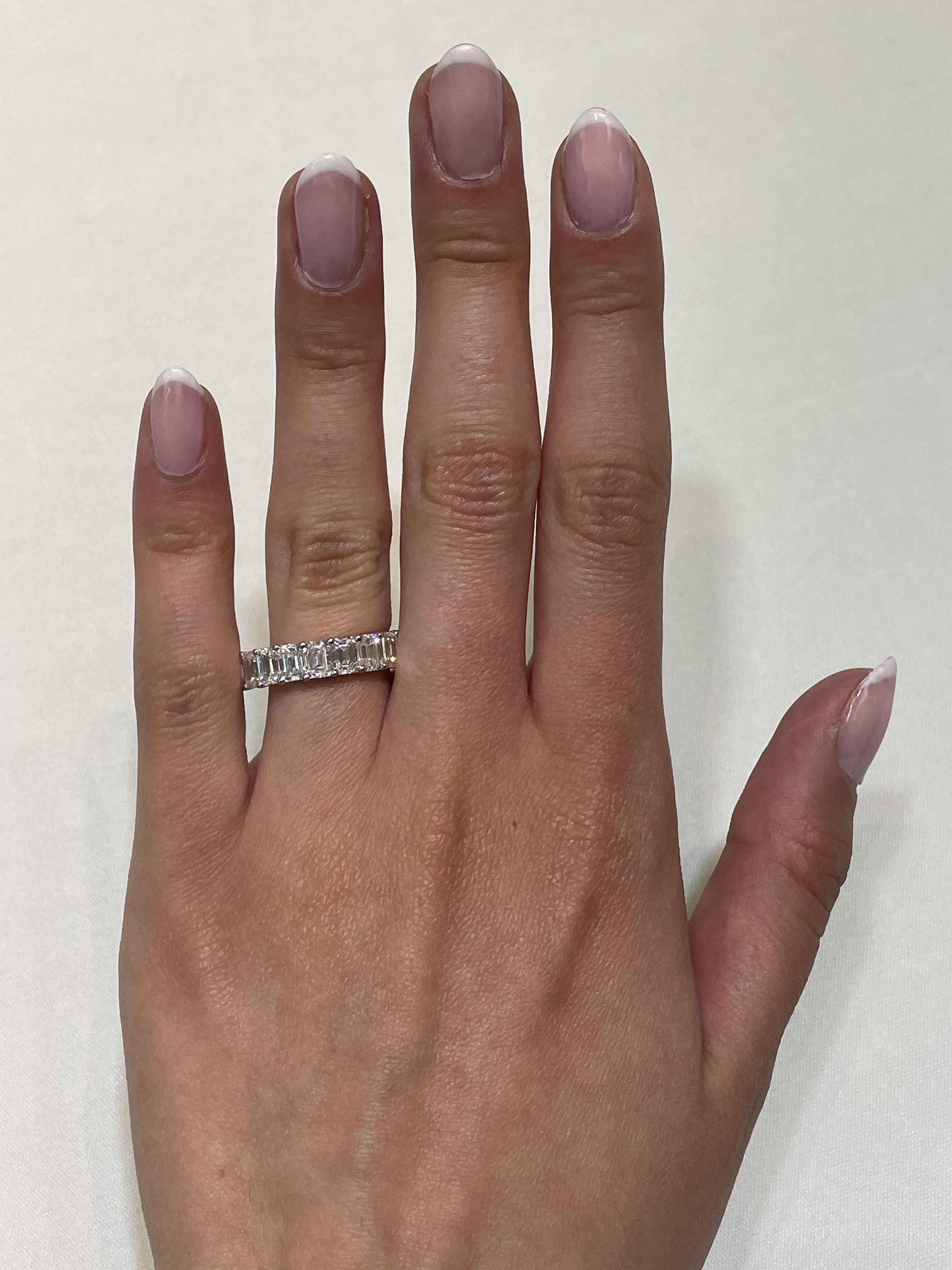 Stunning emerald cut diamond eternity band, by Alexander Beverly Hills.
19 emerald cut diamonds, 7.64 carats total. Approximately G color and VS1 clarity. 4 prong set in 18k white gold, 3.15 grams, size 6.
Accommodated with an up-to-date appraisal