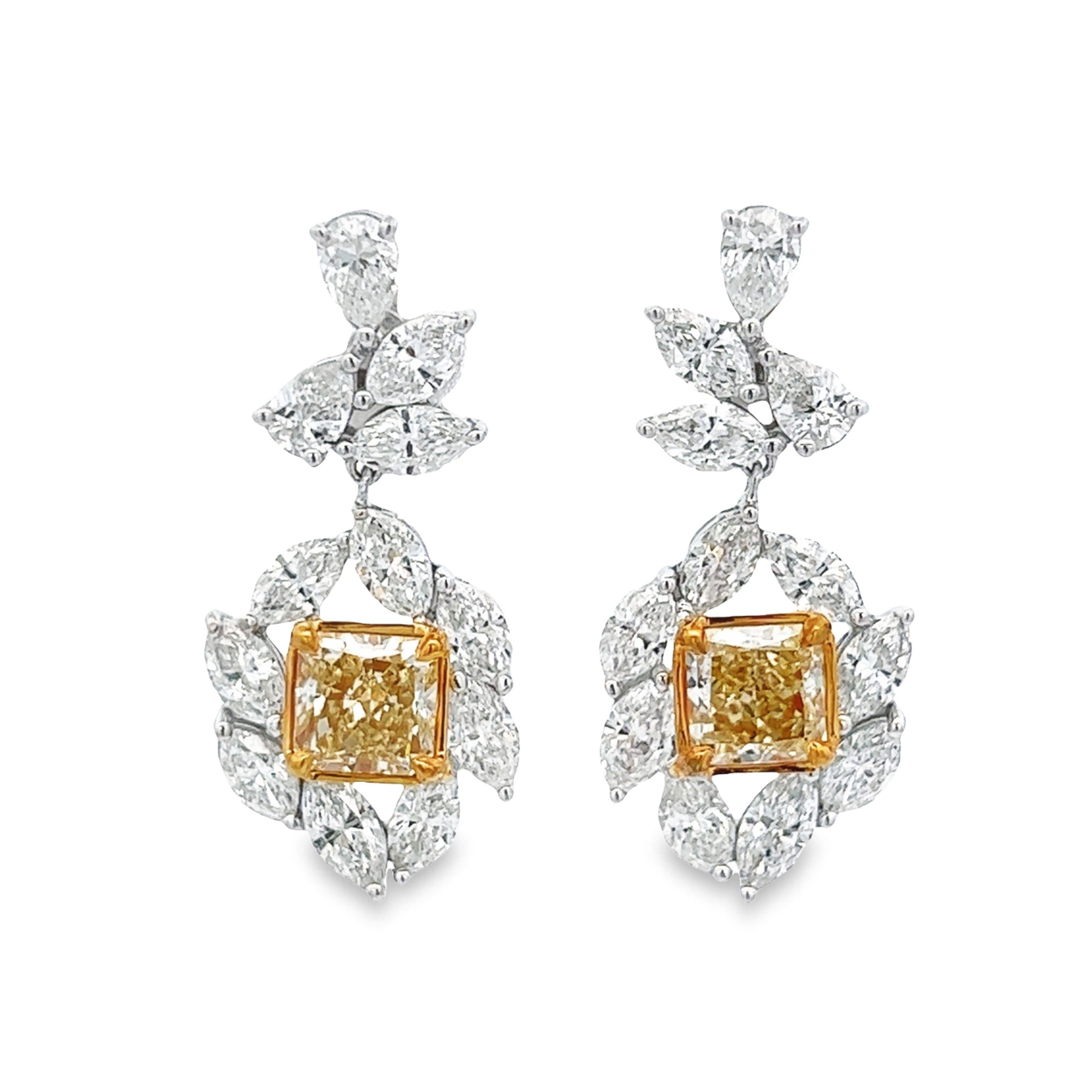 Radiant Cut Alexander Beverly Hills 7.67ctt Yellow Diamond Drop Earrings 18k Gold For Sale