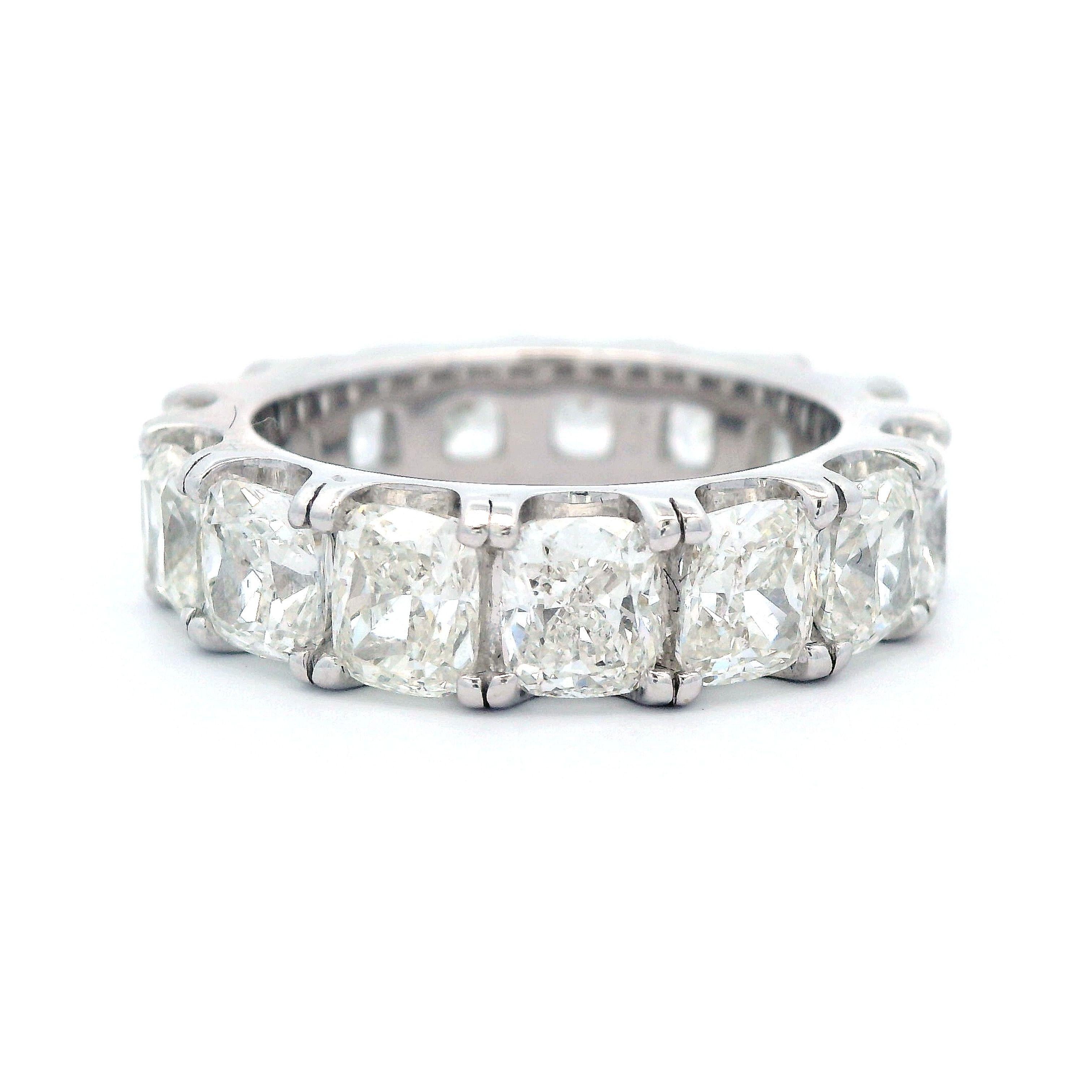 Stunning cushion cut diamond eternity band, By Alexander Beverly Hills.
15 cushion cut diamonds, 7.68 carats. G/I color and VS2/SI1 clarity. 18-karat white gold, 7.96 grams, size 6.5. 
Accommodated with an up to date digital appraisal by a GIA G.G.,