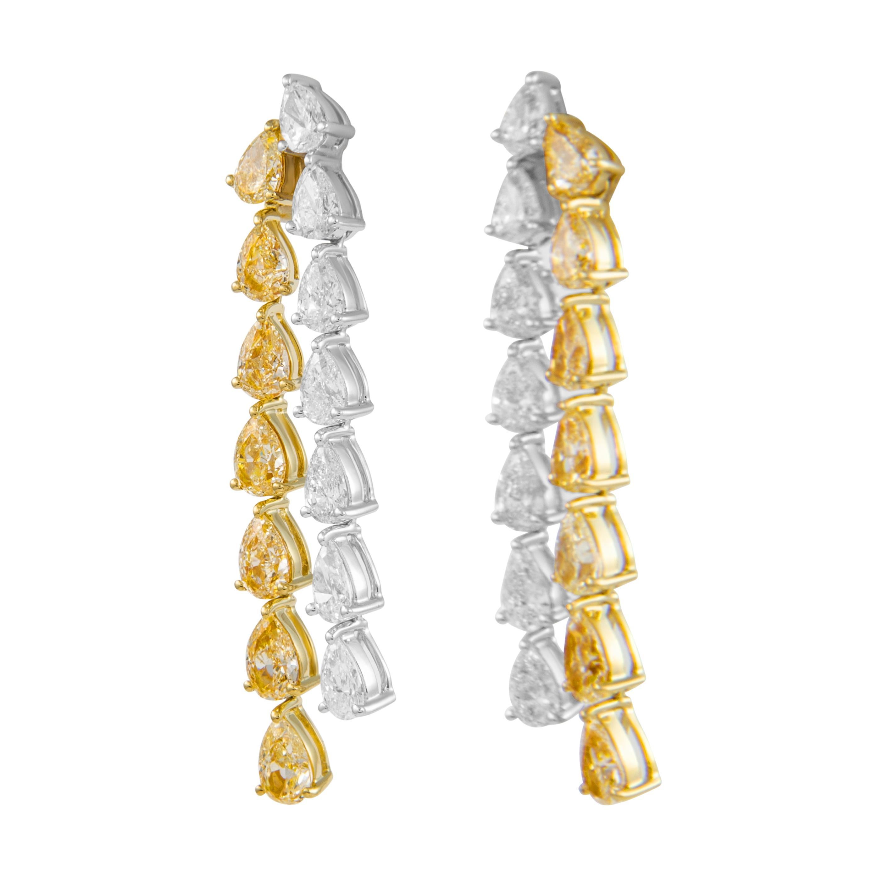 Pear Cut Alexander Beverly Hills 8.66ct Fancy Yellow & White Diamond Drop Earrings 18k For Sale