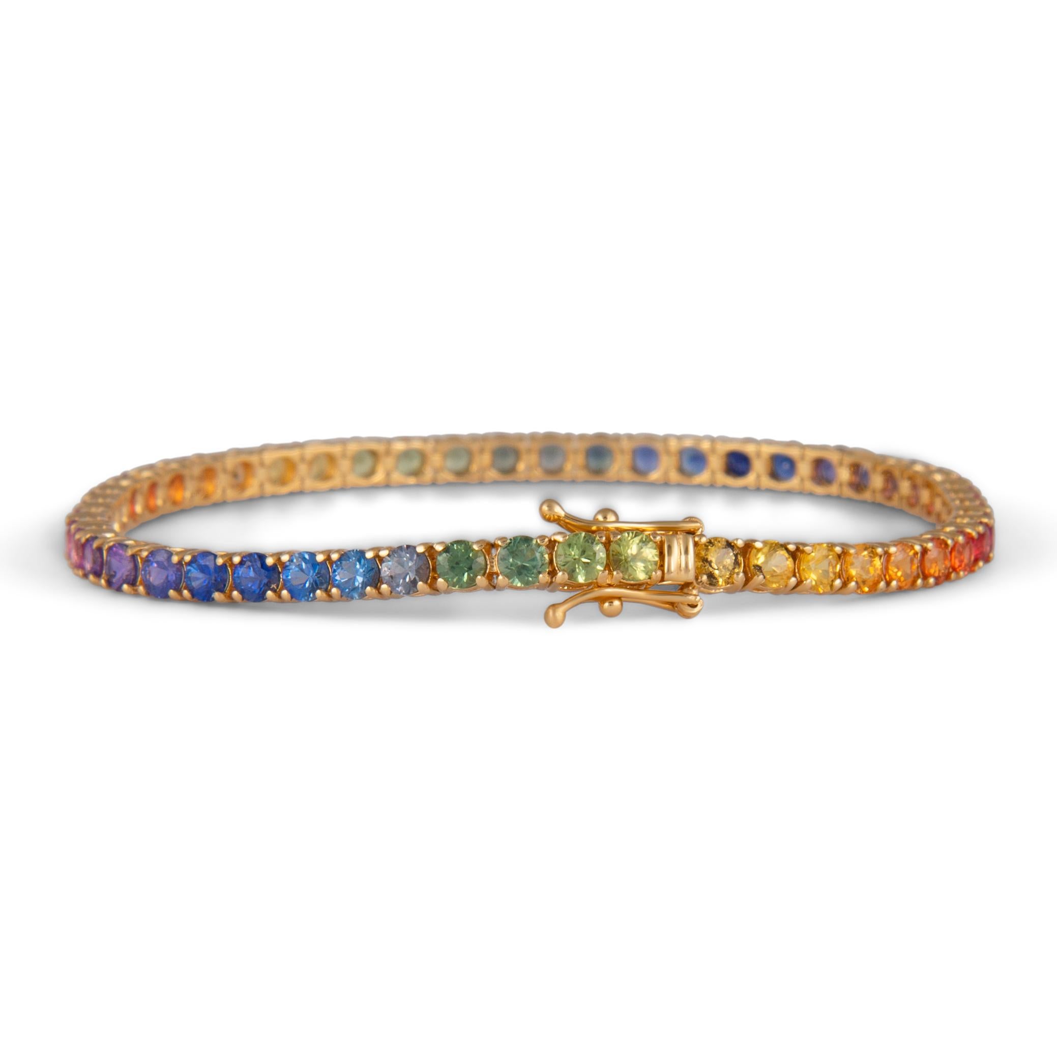 Contemporary Alexander Beverly Hills 8.90ct Rainbow Sapphire Tennis Bracelet 18k Yellow Gold For Sale