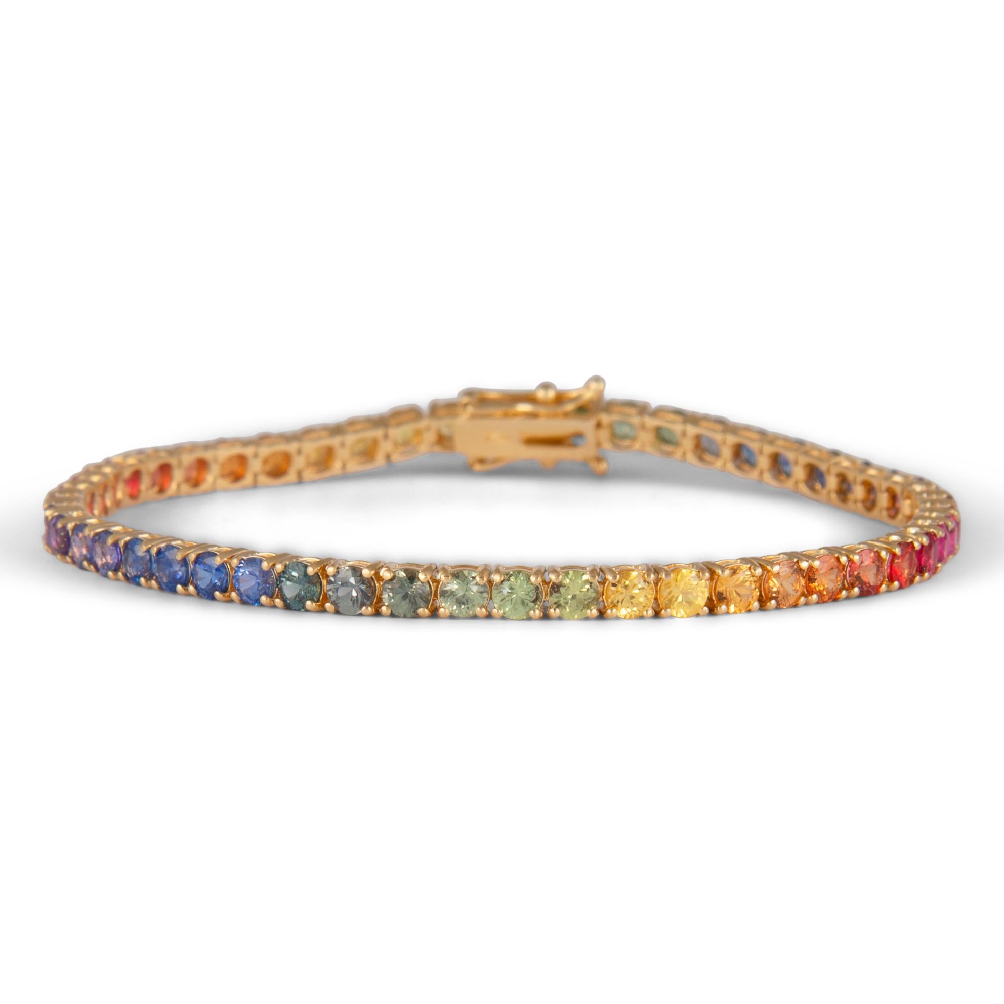 Round Cut Alexander Beverly Hills 8.90ct Rainbow Sapphire Tennis Bracelet 18k Yellow Gold For Sale