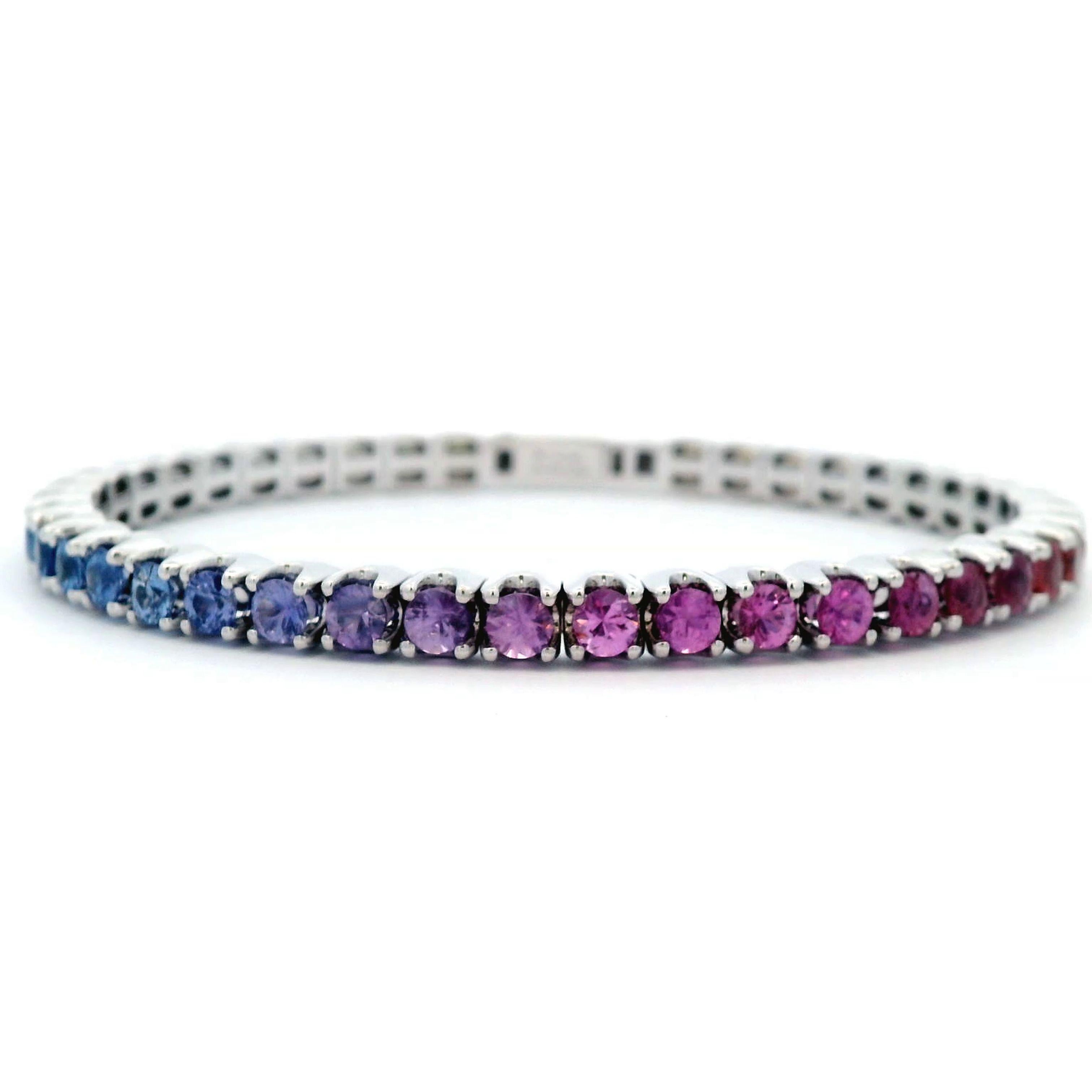 Contemporary Alexander Beverly Hills 8.96ct Rainbow Sapphire Tennis Flexi Bracelet White Gold For Sale