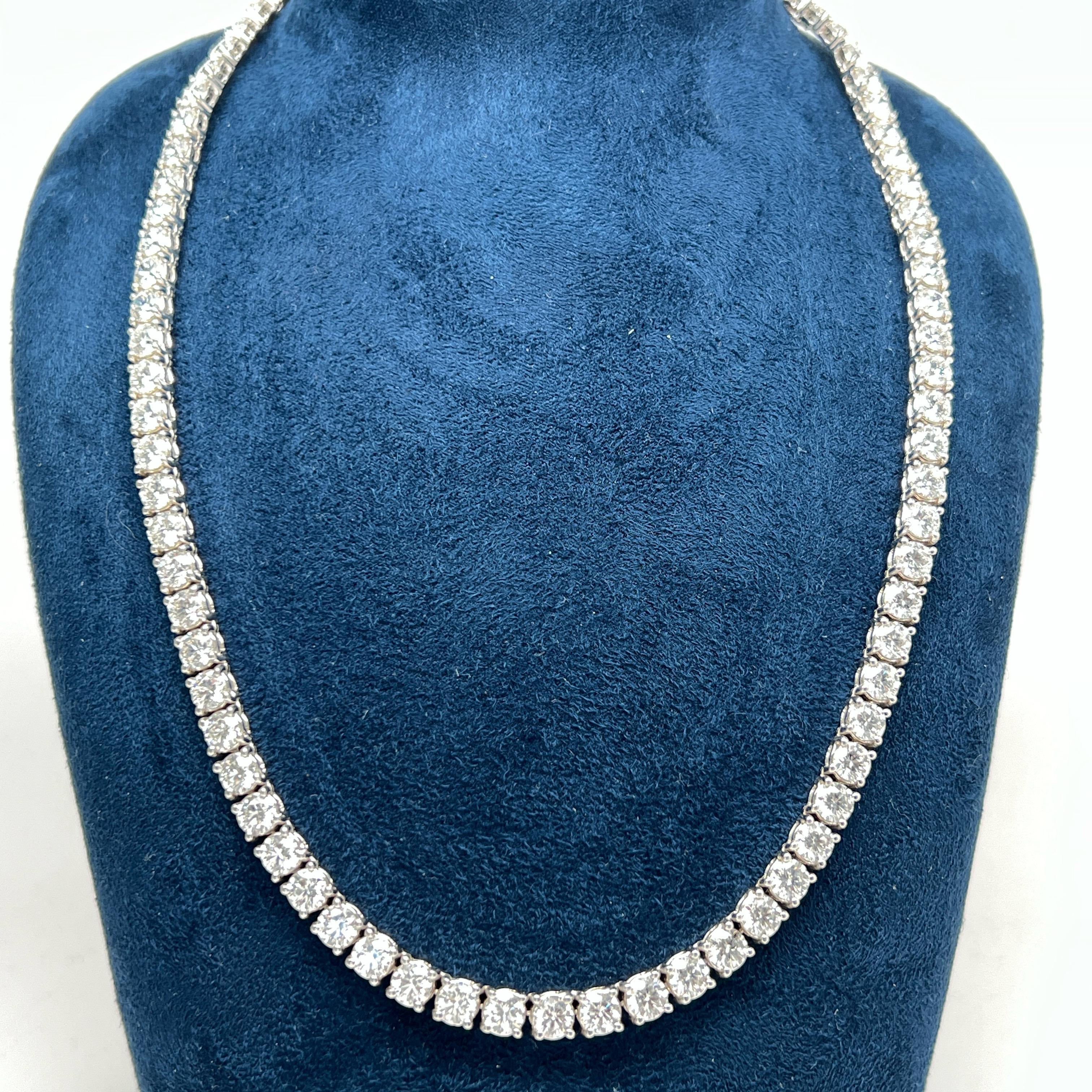 Round Cut Alexander Beverly Hills All GIA 32.73ct D-F VVS Diamond Tennis Necklace 18k 18in For Sale