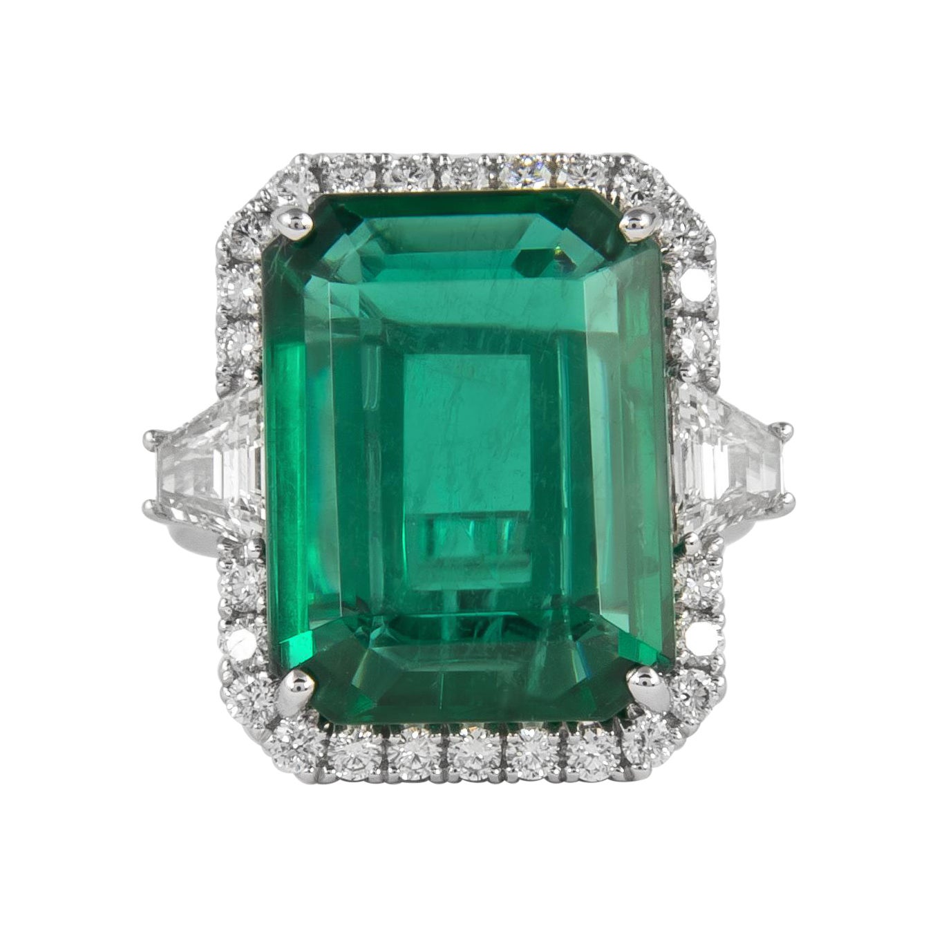 Alexander Beverly Hills GIA 13.18ct Emerald 
Diamond 3-Stone Halo Ring 18k Gold