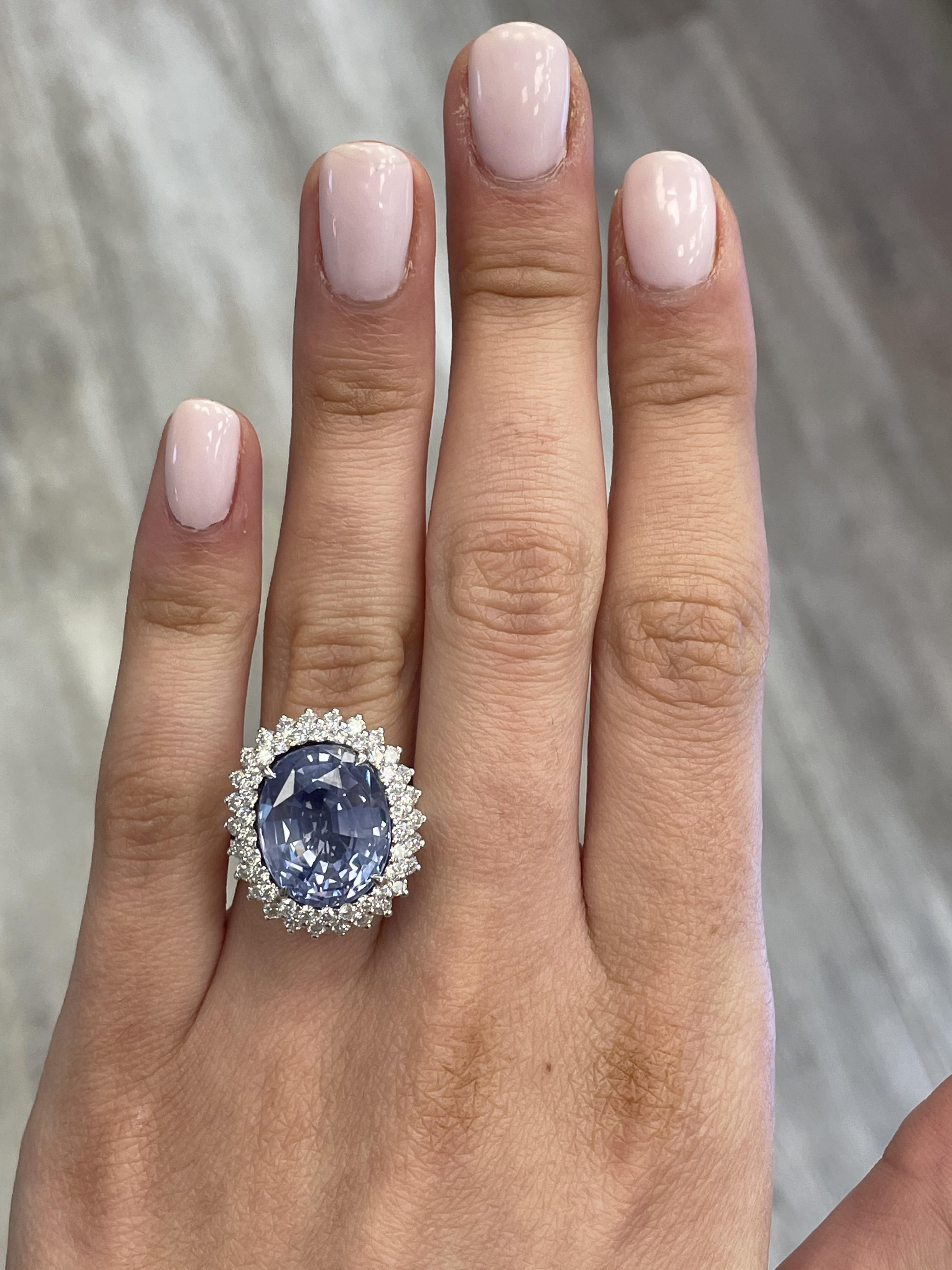 Stunning unheated lavender Ceylon sapphire with double diamond halo and diamond necklace, GIA certified. By Alexander Beverly Hills. 
15.86carats total gemstone weight.
14.53 carat oval sapphire, no heat, Sri Lanka (Ceylon) origin, GIA Certified.