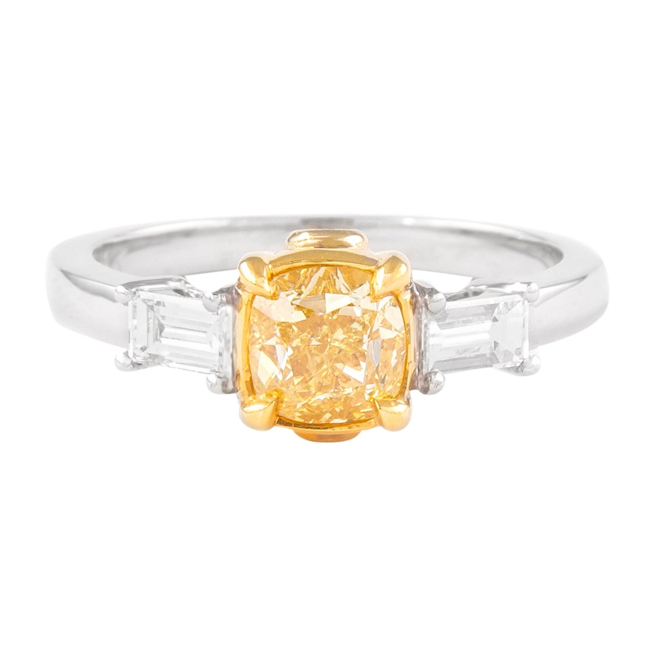 Alexander Beverly Hills GIA 1ct Fancy Intense Yellow Diamond Three Stone Ring