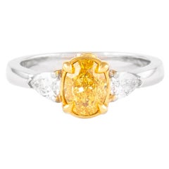 Alexander of Beverly Hills GIA 1ct Fancy Vivid Yellow Diamond Three Stone Ring 18k