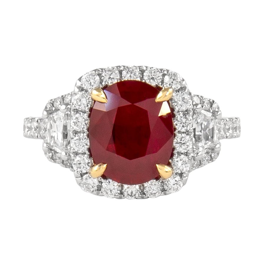 Alexander Beverly Hills GIA 2.25ct Burmese Ruby & Diamond Three Stone Ring 18k en vente