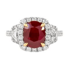 Alexander Beverly Hills GIA 2.25ct Burmese Ruby & Diamond Three Stone Ring 18k
