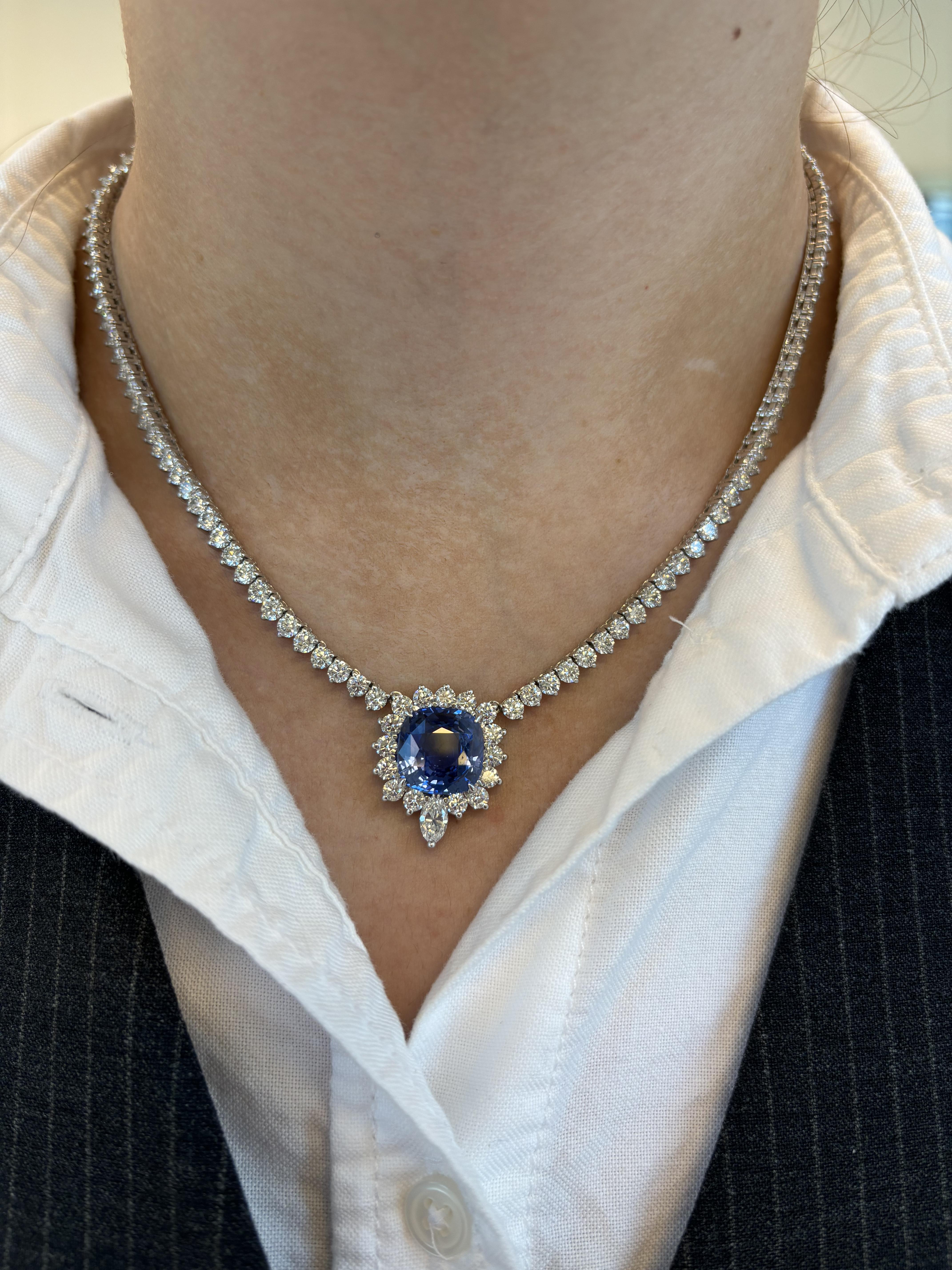 Beautiful sapphire pendant and natural diamond three prong tennis necklace. High jewelry Alexander Beverly Hills. 135 16.5
29.94 carats total gemstone weight.
GIA certified 11.19 carat cushion shape sapphire, heat. 1 marquise and 134 round brilliant