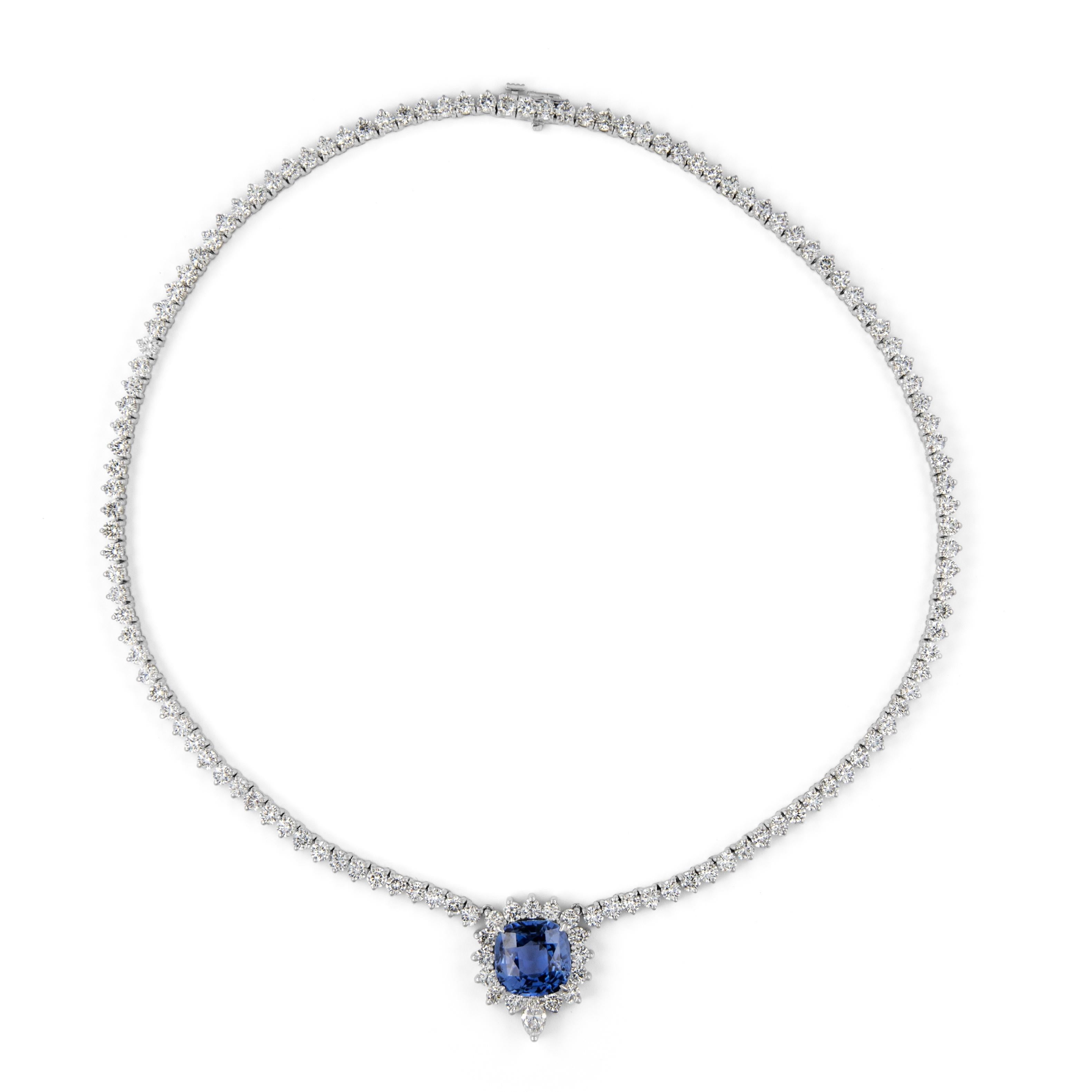 Cushion Cut Alexander Beverly Hills GIA 29.94ctt Sapphire & Diamond Tennis Necklace 18k For Sale