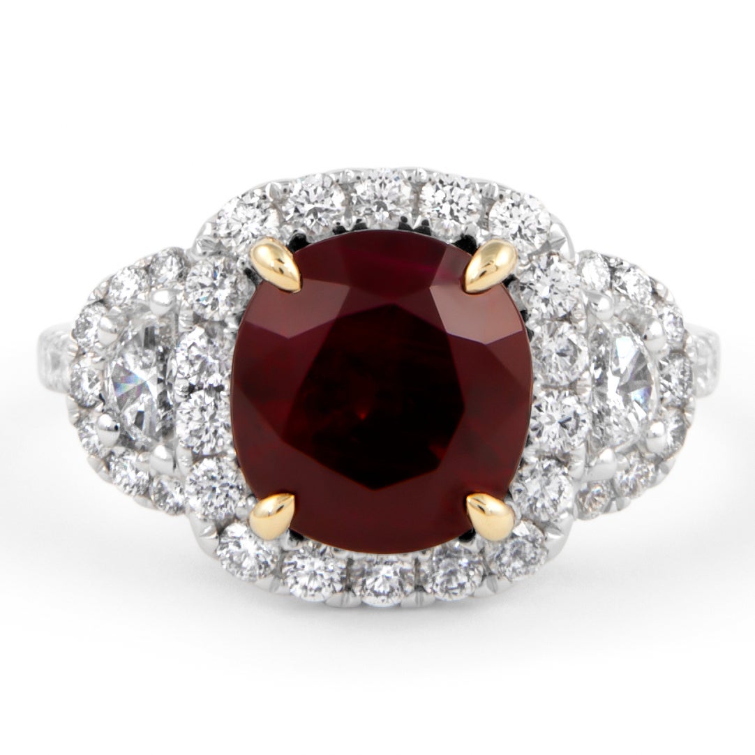 Alexander Beverly Hills GIA 4.13ct Ruby & Diamond 3-Stone Halo Ring 18k