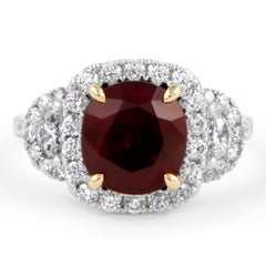 Alexander Beverly Hills GIA 4.13ct Ruby & Diamond 3-Stone Halo Ring 18k