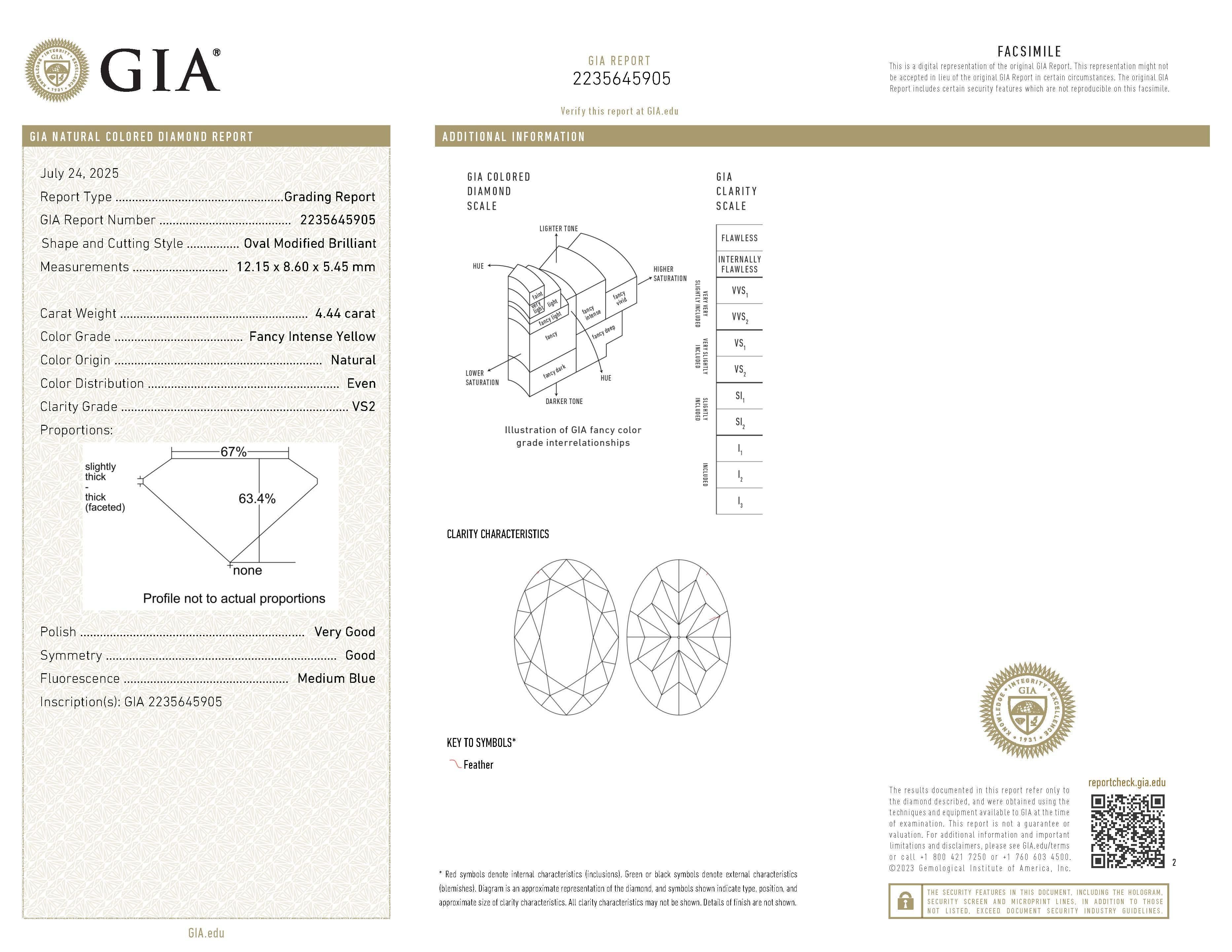 Superbe bague moderne certifiée GIA, composée de trois pierres, d'un diamant canari ovale de couleur jaune intense et de diamants ovales. Haute joaillerie par Alexander Beverly Hills.
Poids total des diamants : 6,09 carats.
Diamant ovale de 4,44