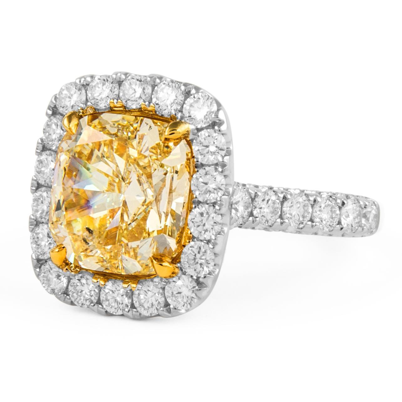 Cushion Cut Alexander Beverly Hills GIA 5.03ct Cushion Fancy Intense Yellow Diamond Ring 18k For Sale